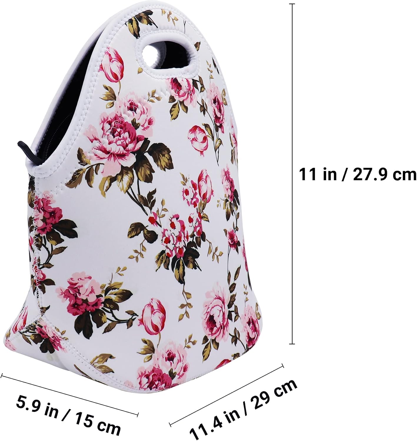 Neoprene Lunch Bag with Zipper, Reusable Lunch Tote for Kids & Adults (Flowers White) image 5