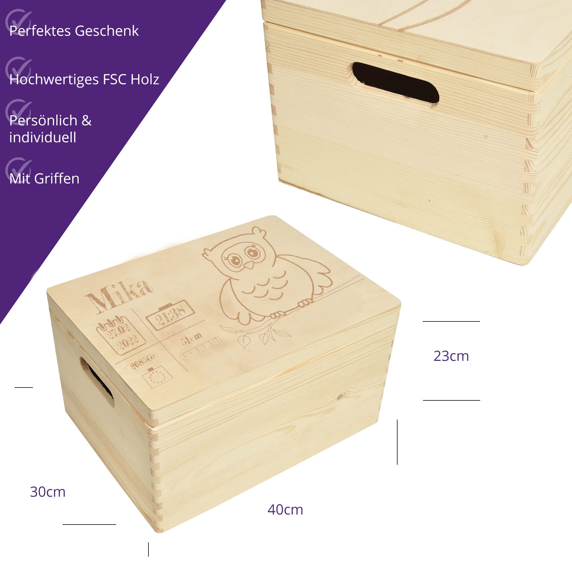 Scatola in legno personalizzata per nascita, gufo, 40 x 30 x 23 cm