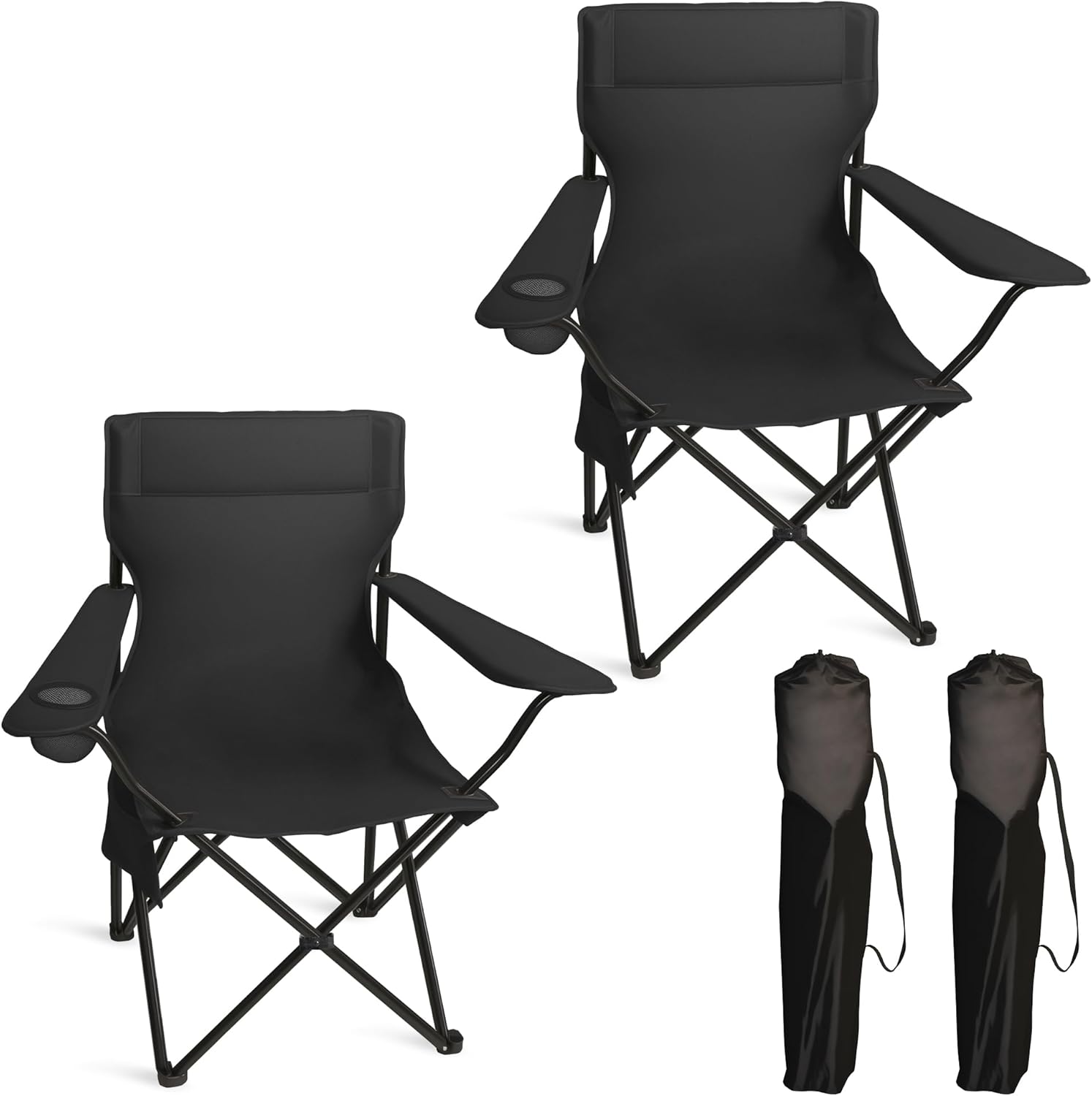 Portable Camping Chair 2 Pack, Folding Outdoor Chair with Cup Holder & Side Pocket for Camping, Hiking, Picnic, Beach (Black)