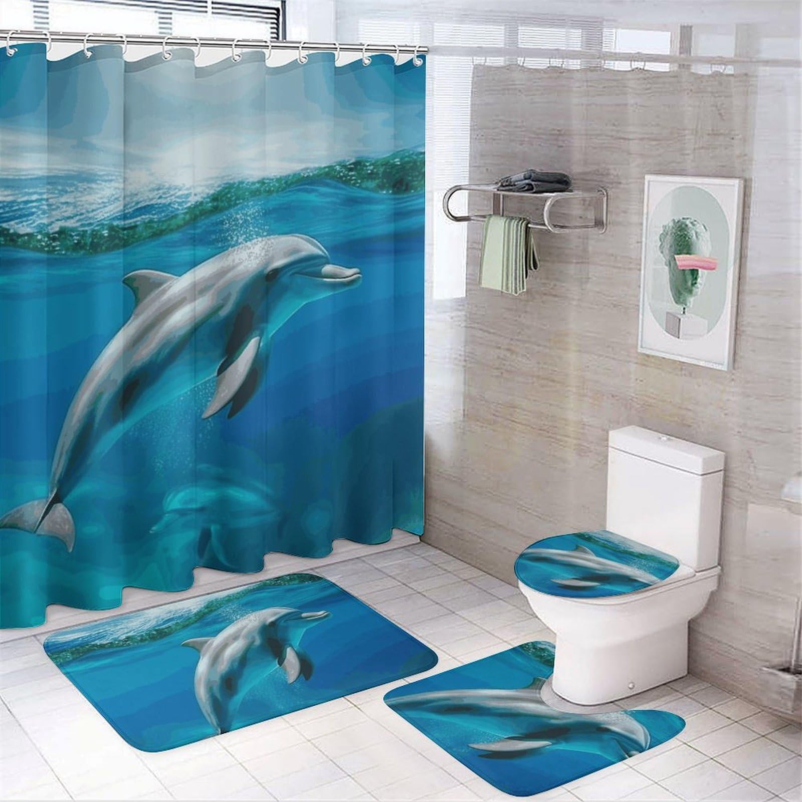 Rideau de douche dauphin imperméable et tapis épais absorbants pour salle de bain