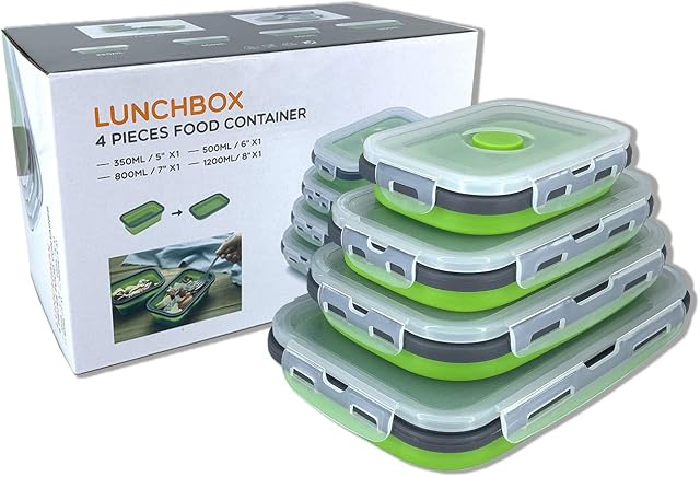 Collapsible Silicone Food Storage Container with Lid, Portable Lunch Bento Box Outdoor Picnic Box Space Saving, Microwave, Dishwasher and Freezer Safe, Set of 4(Green)