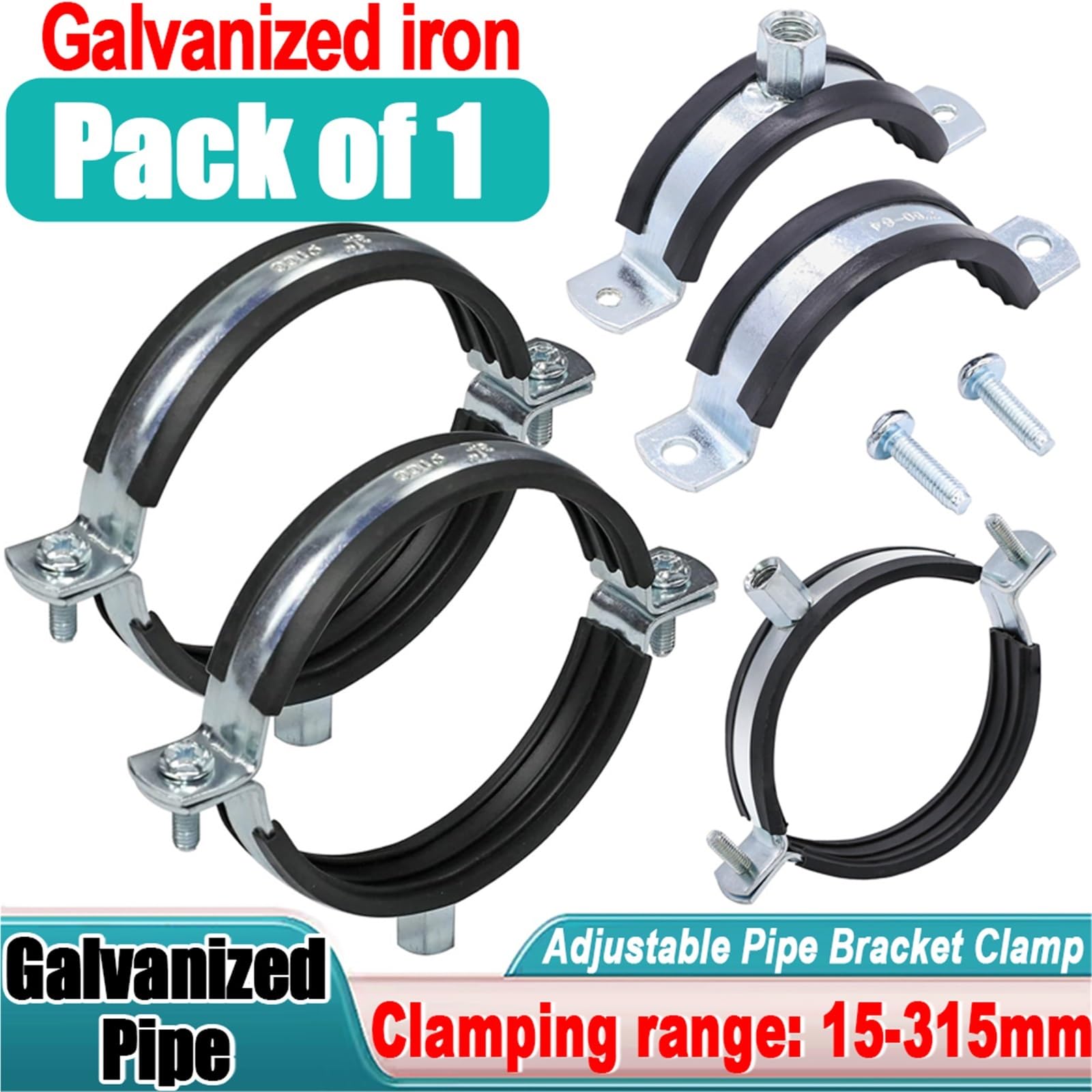 Colgador de tubos acero al carbono con anillo partido goma | Montaje en techo y pared de 15-315 mm: colgador de tubo galvanizado con anillo partido de goma(312-315mm,(2.5mm ))