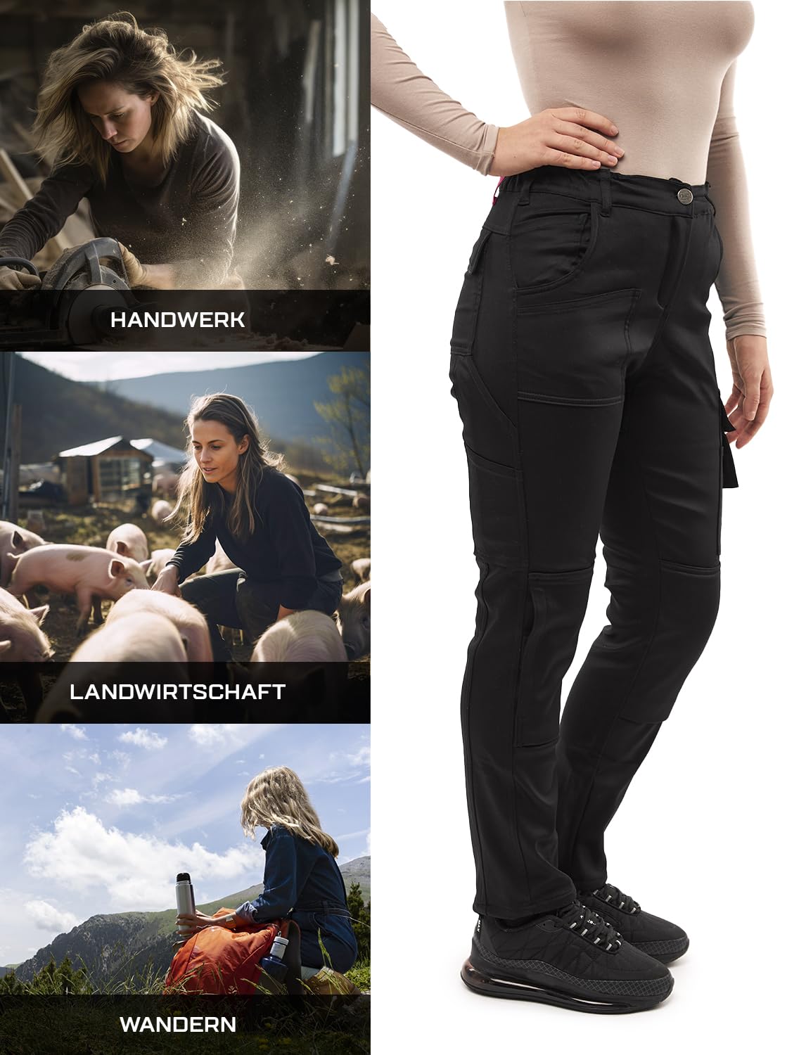 strongAnt Damen Arbeitshose komplett Stretch für Frauen Bundhose mit Kniepolstertaschen Schwarz Grau Weiß Pink