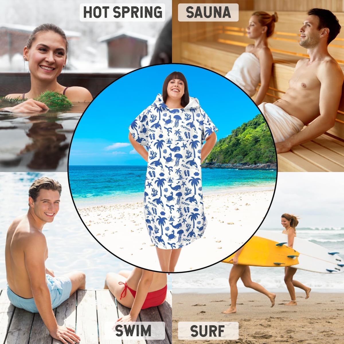 Surf Changing Poncho Beach Ocean Towel Robe Hoodie Sand Cloud Poncho for Adults Swimming Beach Surfing Home Bathing