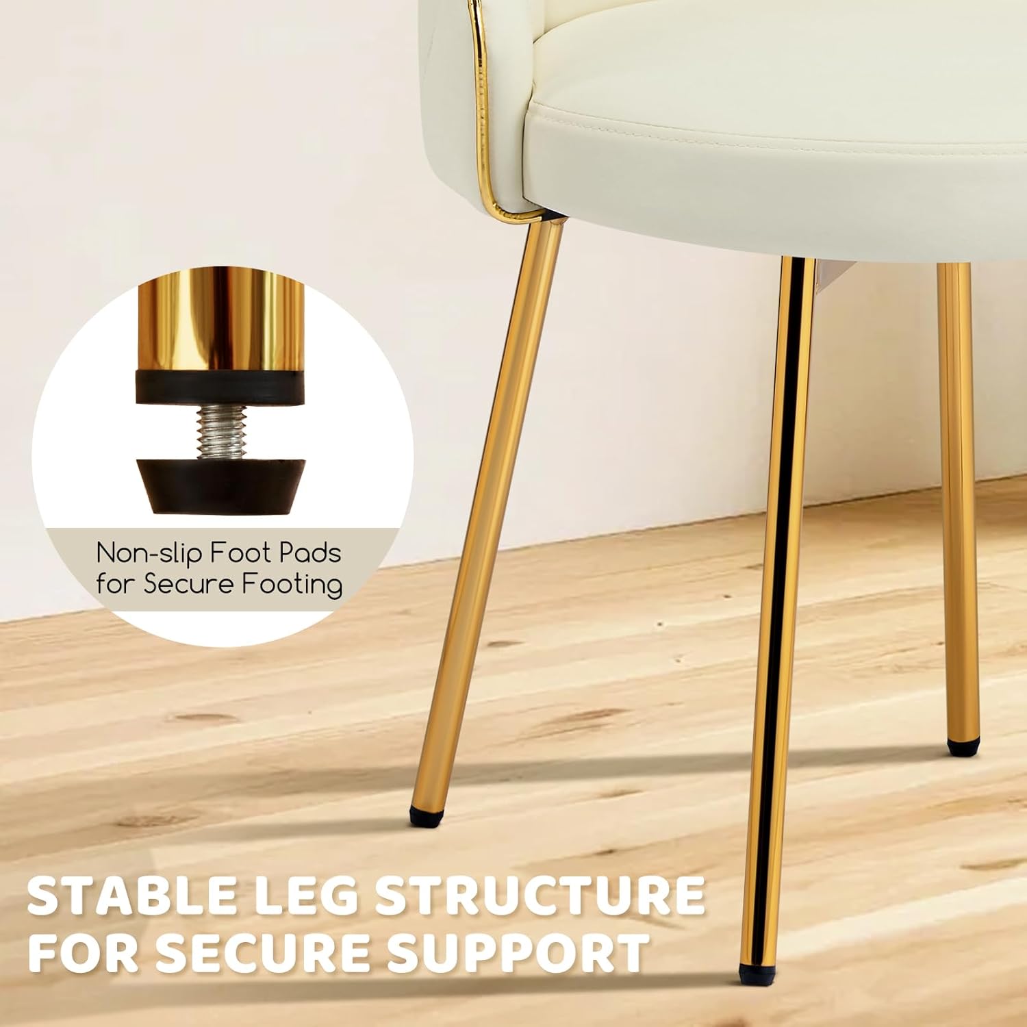 Vanity Chair with Glod Base, Cute Armless Leather Desk Chair No Wheels, Small Modern Makeup Chair with Mid Back for Living Room Dressing Room Bedroom Home Office, Beige