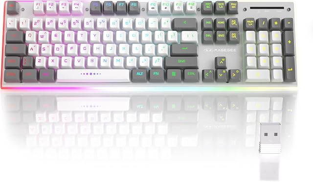 Wireless Gaming Keyboard, 2.4G Rechargeable RGB LED Backlit Office Keyboard with Sidelight & Metal Panel, MageGee V510 Ergonomic Waterproof Wireless Quiet Keyboard - Gray & White