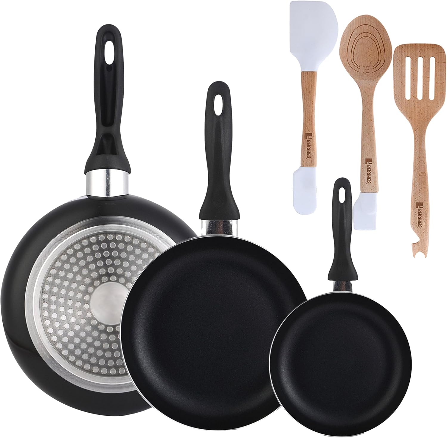 Set of 3 Wellhome 16/20/24 Pressed Aluminium+Set of 3 Kitchen Utensils in Silicone and Wood