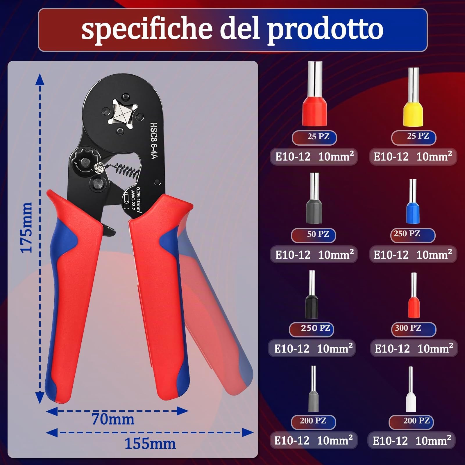 Set di 1300 pinze crimpatrici autoportanti, 0,25 – 10 mm², pressatura quadrata con funzione a cricchetto e impugnatura ergonomica, utensili elettrici e auto