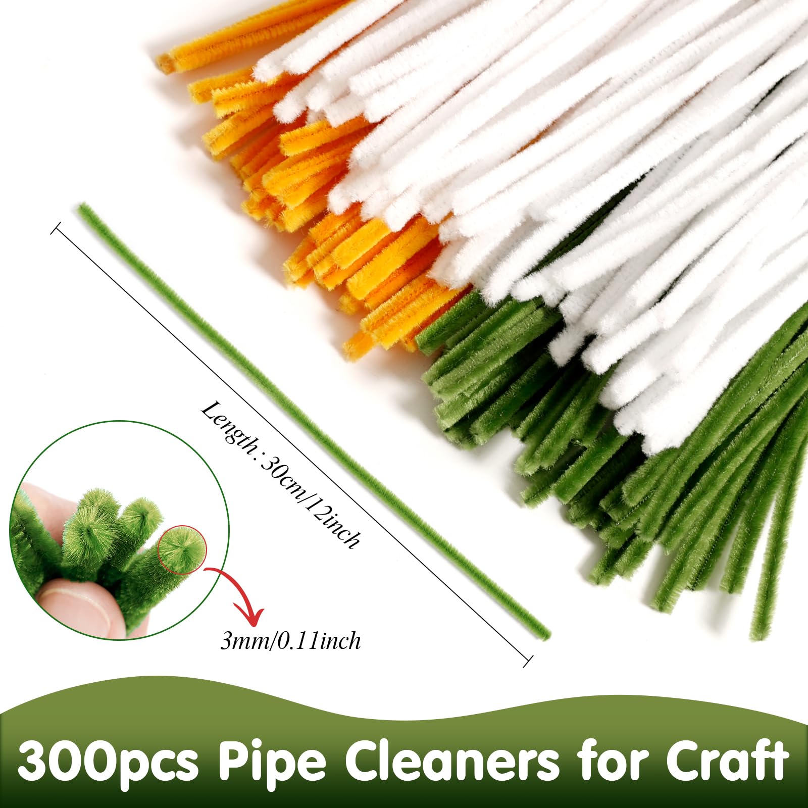 Daisy - Detergente per pipa per bouquet, 300 pezzi, per fai da te, filo di ciniglia, pulitore per pipe, con nastro e bastoncini per fiori, per progetti artigianali (verde, oro, bianco