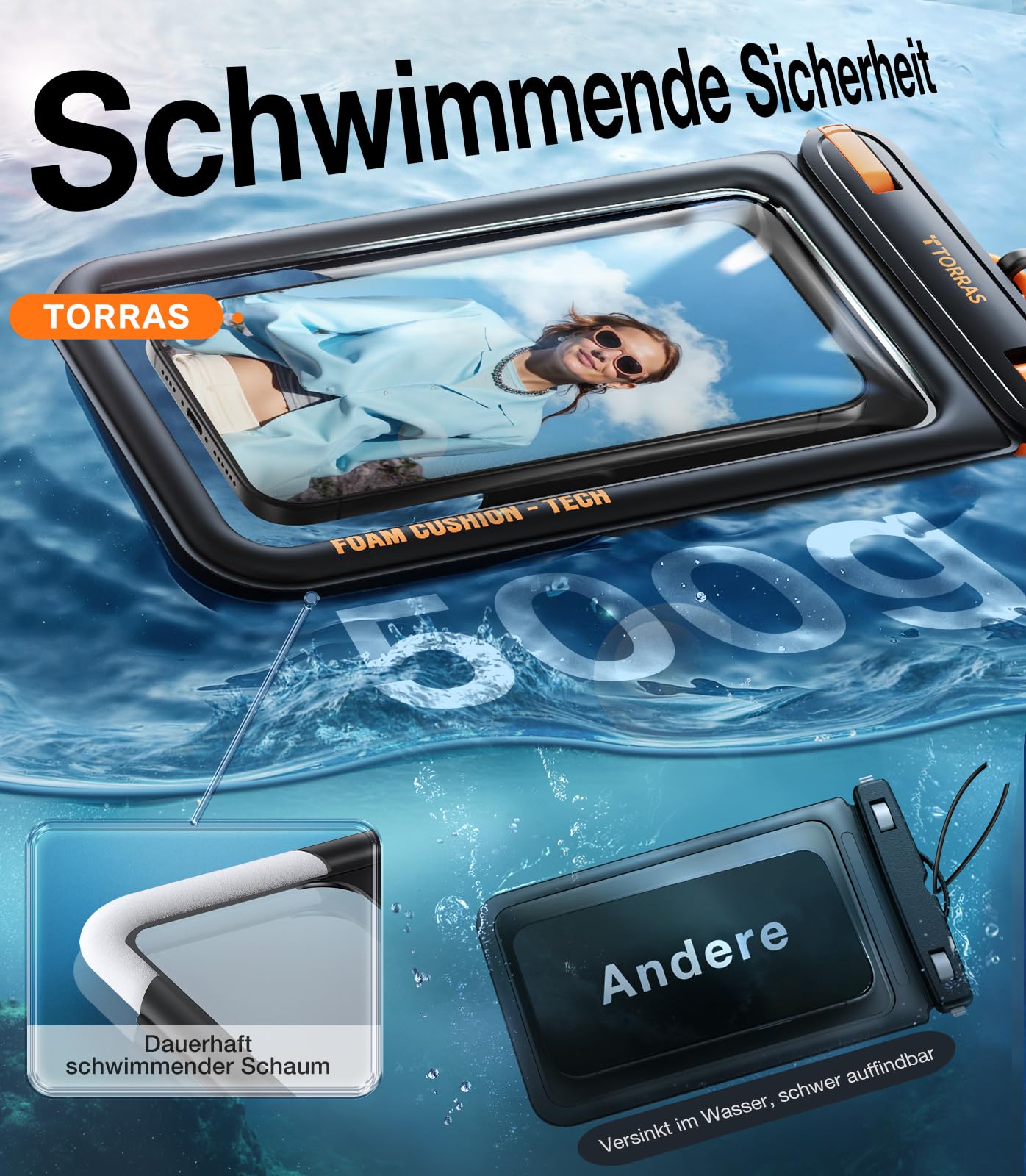 TORRAS IP68 wasserdichte Handyhülle [Doppelte Taschen], Unterwasser Handyhülle Wasserfeste Handytasche, 500g Maximaler Auftrieb, Ideal für Tiefsee-Tauchen, Schwimmen, SUP und Segeln, 7,9 Zoll,Schwarz