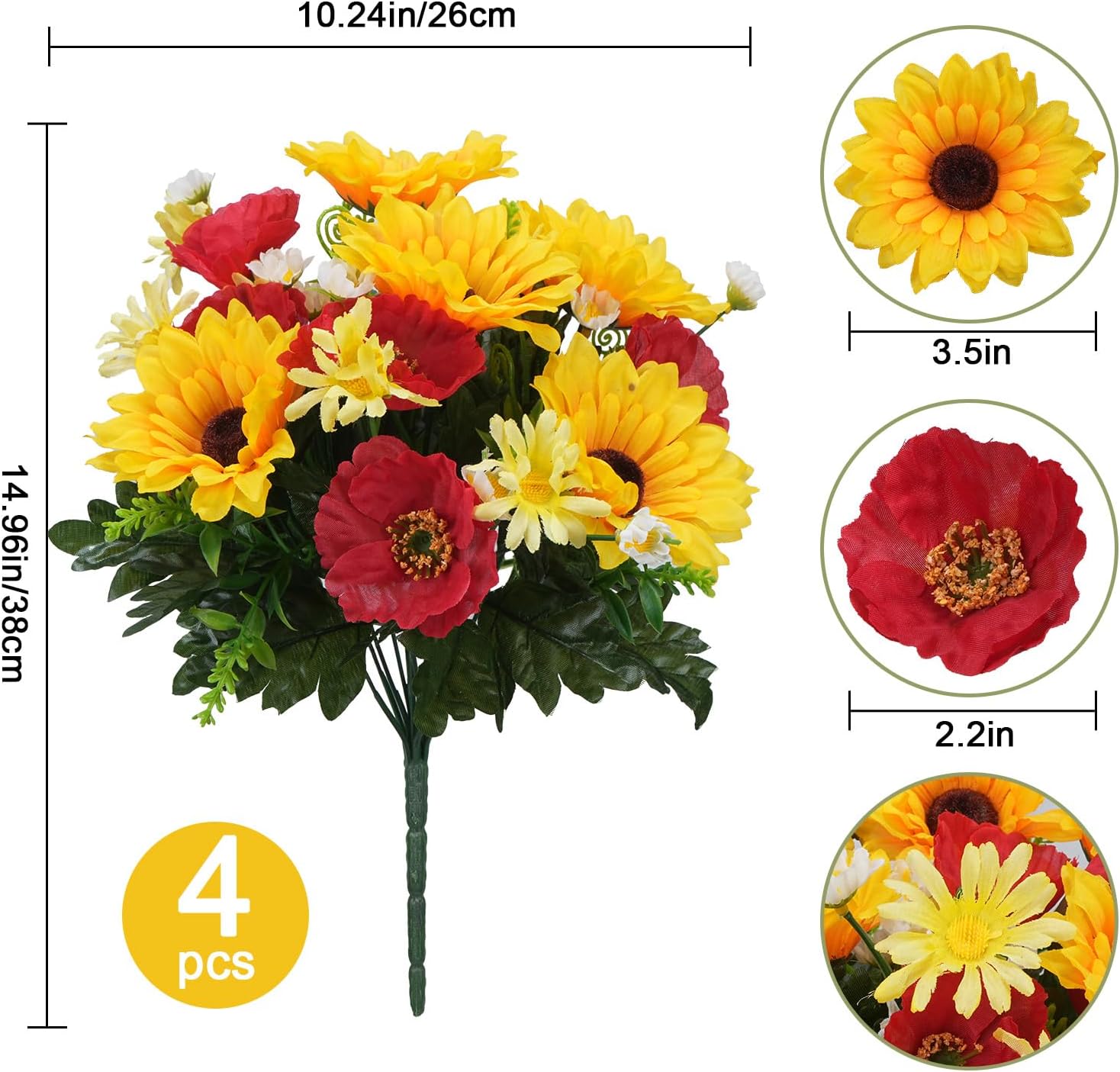 Sunflowers Artificial Flowers Faux Sunflower with Daisy Poppy Fake Silk Flower Arrangements Cemetery Flowers for Grave Porch Home Kitchen Office Spring Decor 4 Bundles - Image 2