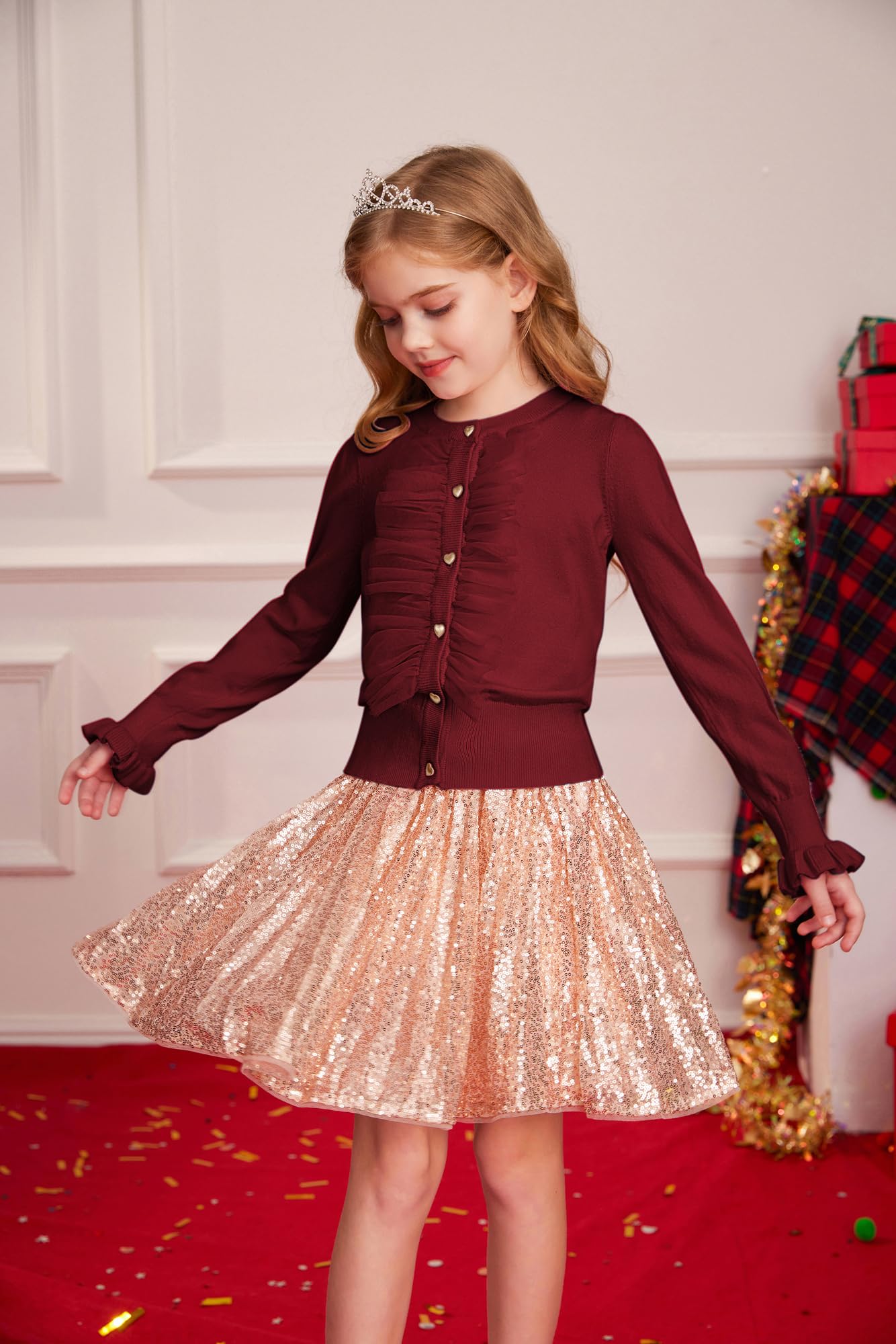 GRACE KARIN Cárdigan de punto para niñas Casual Manga Larga Cuello Redondo Cárdigan de Punto con Botón Delantero Elegante Tul Malla Volantes Cárdigan Decorado
