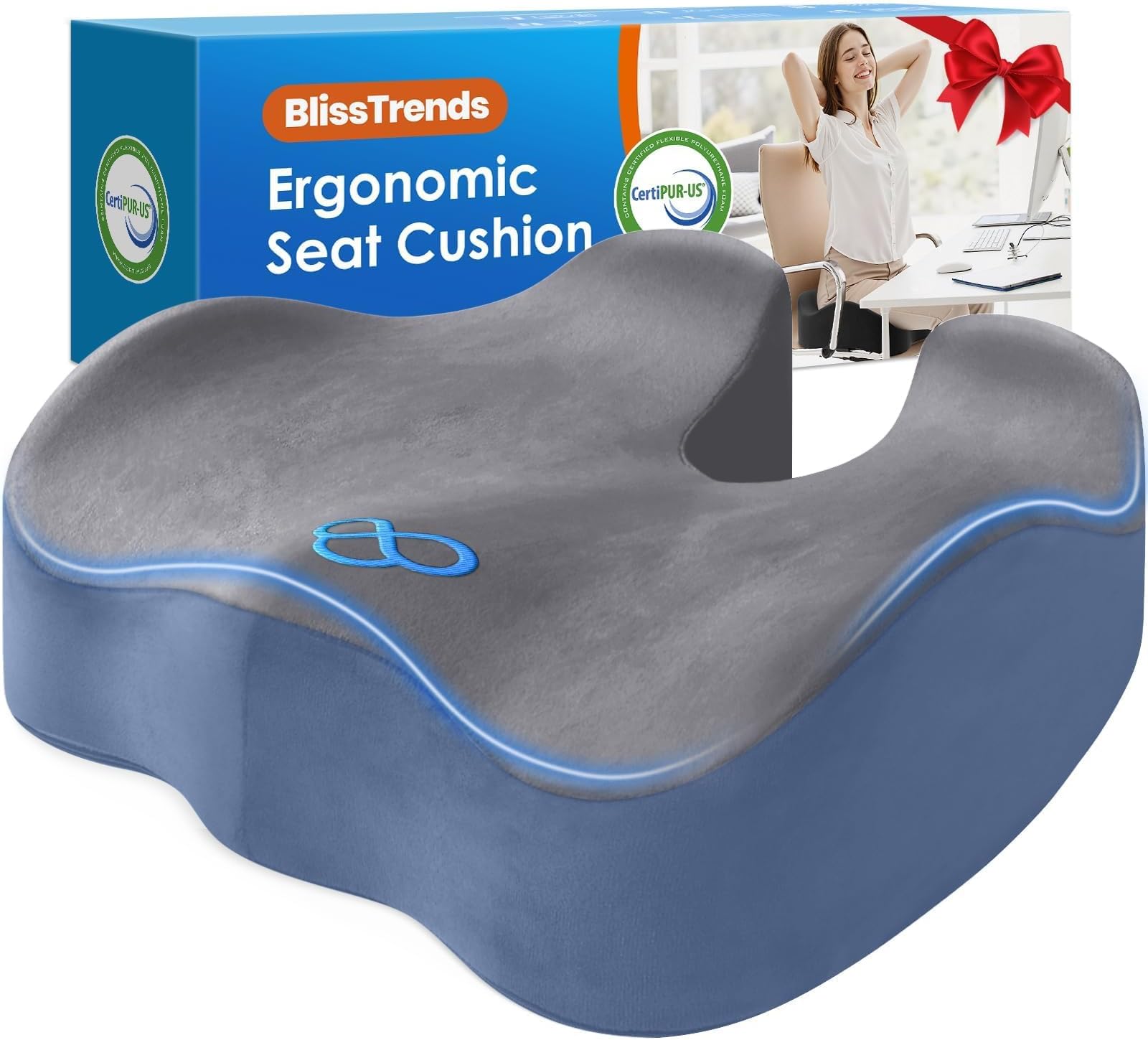 BlissTrends Thick Seat Cushion for Office Chair & Car Seat, XL, Grey&Blue