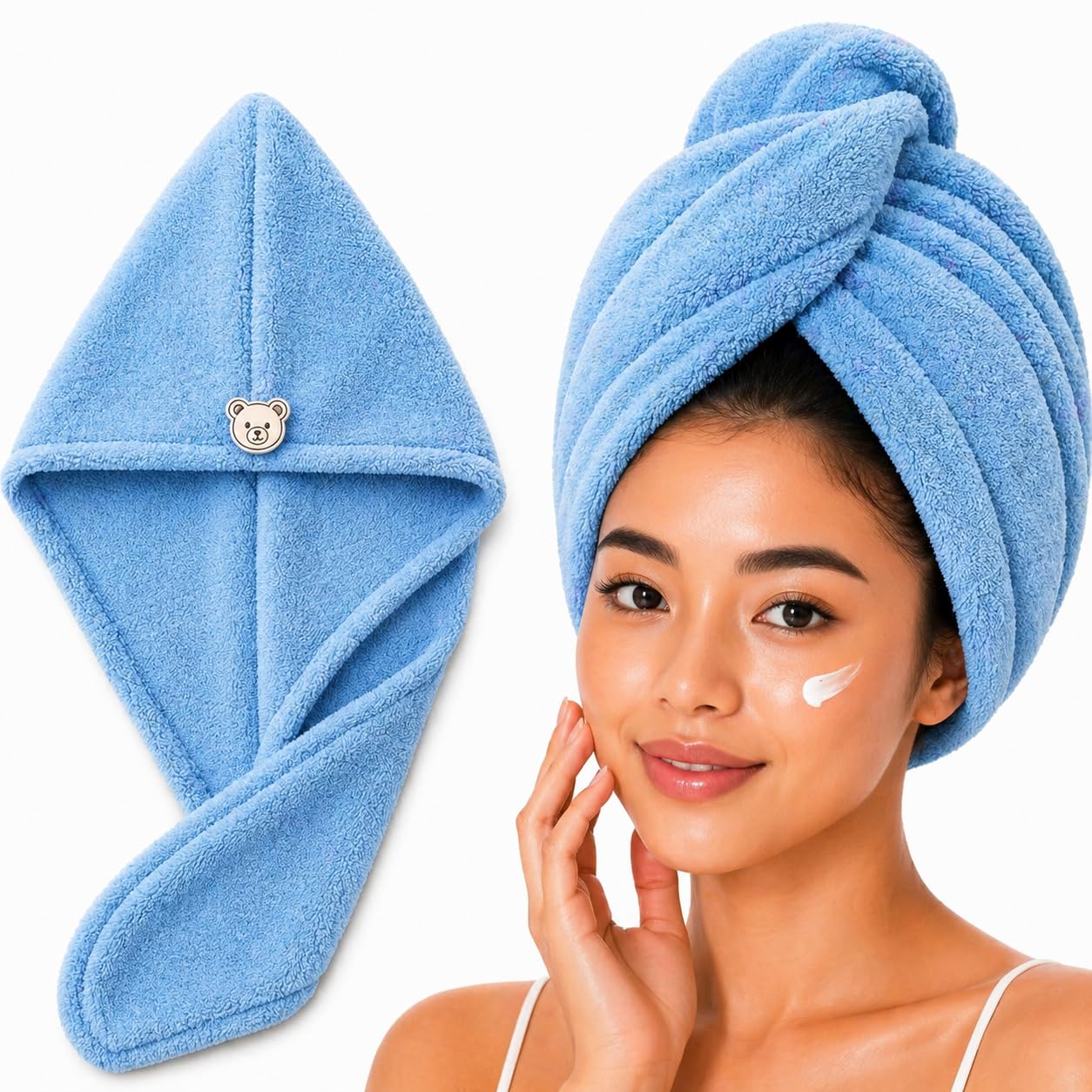 Microfiber Hair Towel Wrap, Super Absorbent, Anti-Frizz, Turban with Secure Button, One Size Fits All, Machine Washable (Light Blue)-image-17
