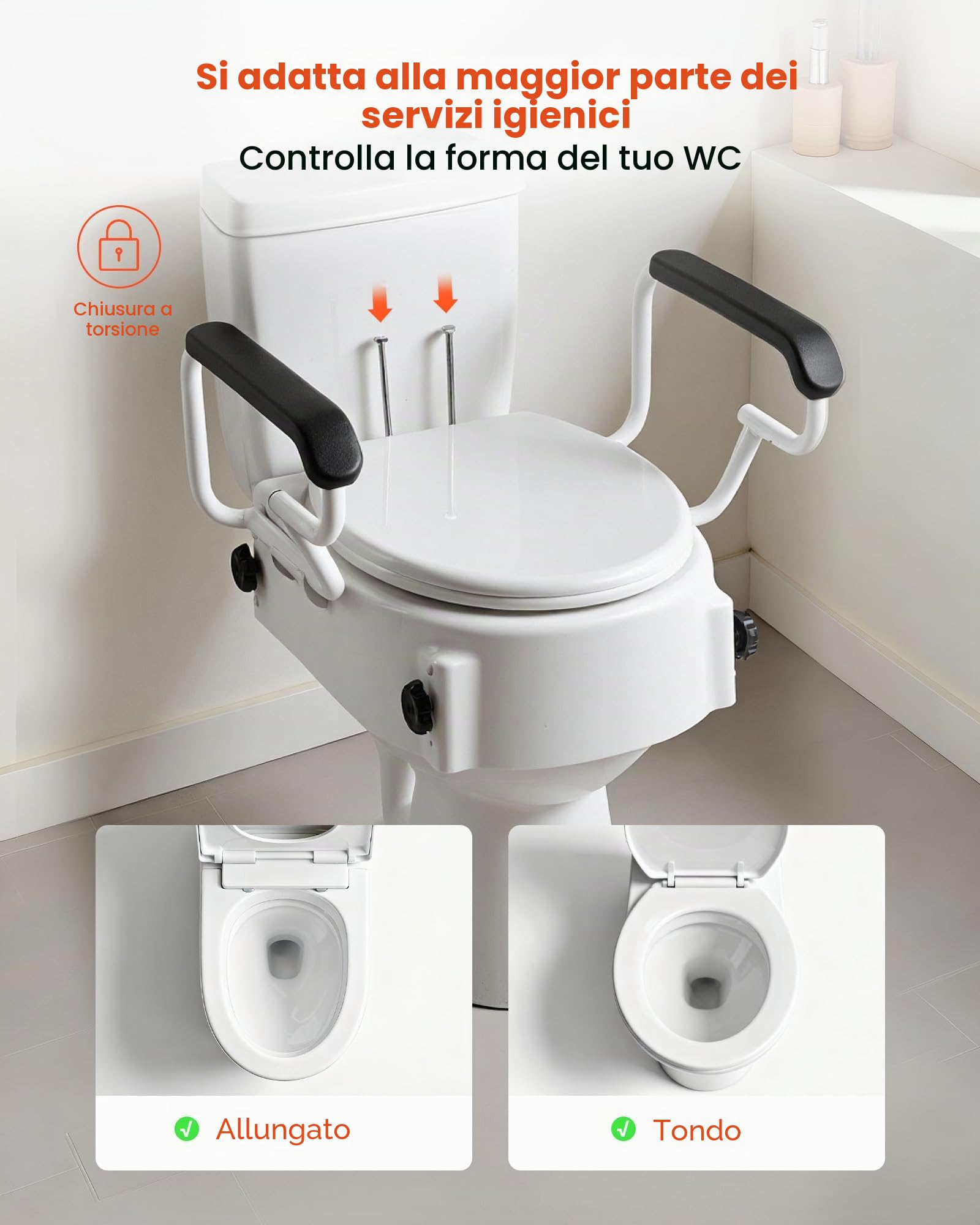 VEVOR Sedile Sollevabili di Ausilio Mobilità con Capacità di Carico di 136 kg e Altezza di Sollevamento di 101,6 mm e Coperchio per WC, con Maniglie Imbottite per Anziani, Donne Incinte