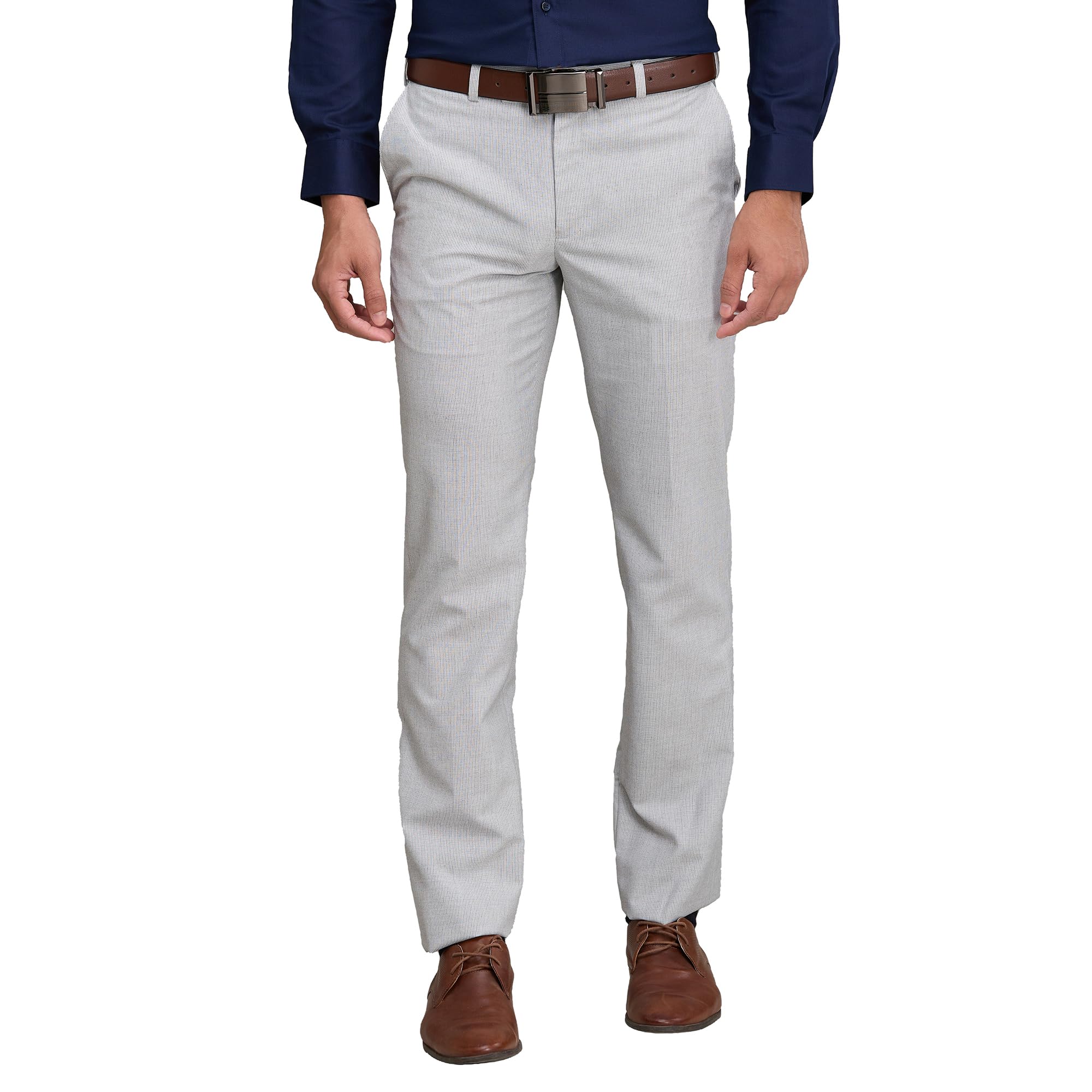 Men's Mid Rise Stripe Pattern Regular Fit Polyester Blend Flat Front Formal Trouser