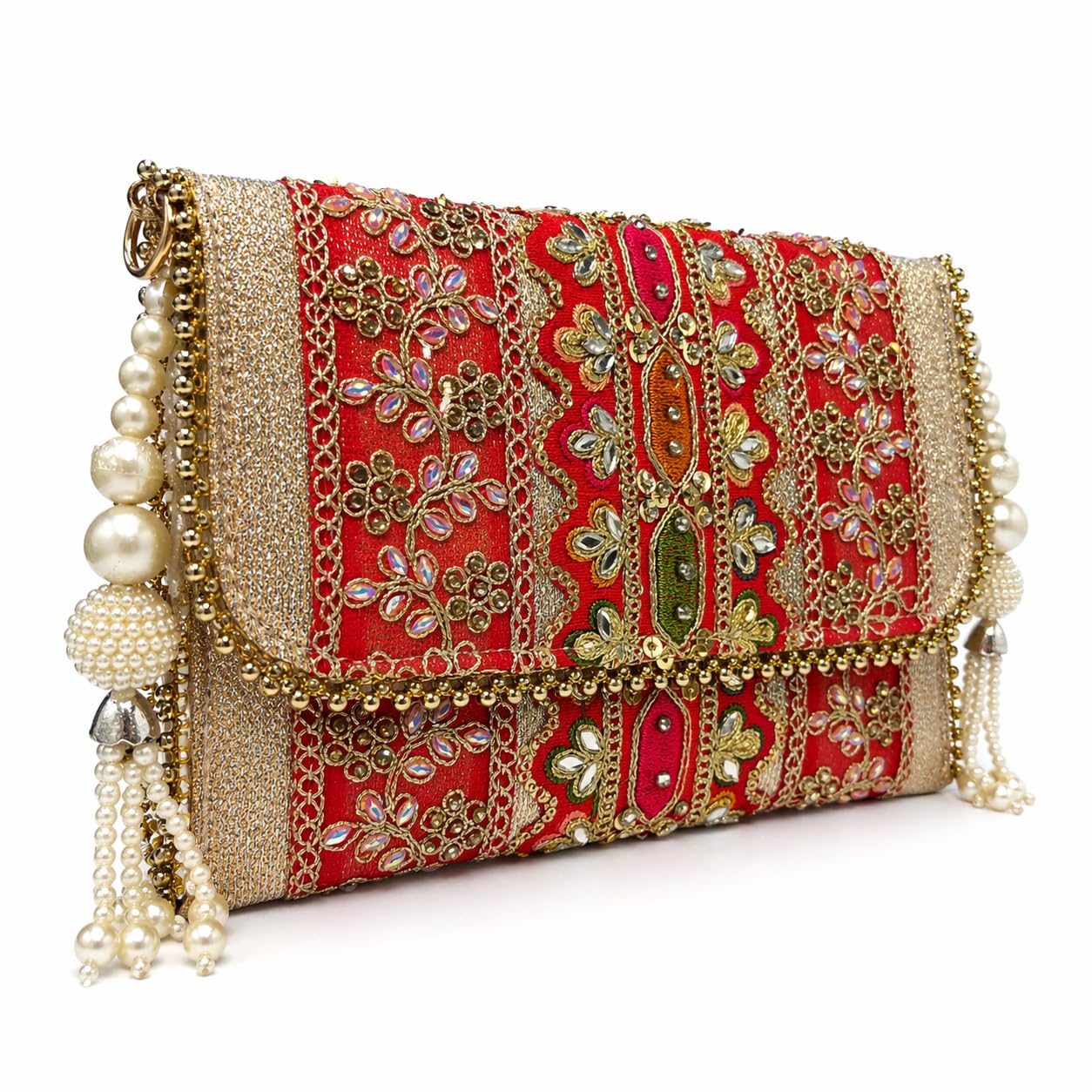 Clutch Bag for Women Red Embellished Bridal Handbag with Pearl Tassels, Gold Foldover Clutch Purse for Ladies, Women’s Hand Purse for Wedding, Festive Occasion, Evening Function-image-15