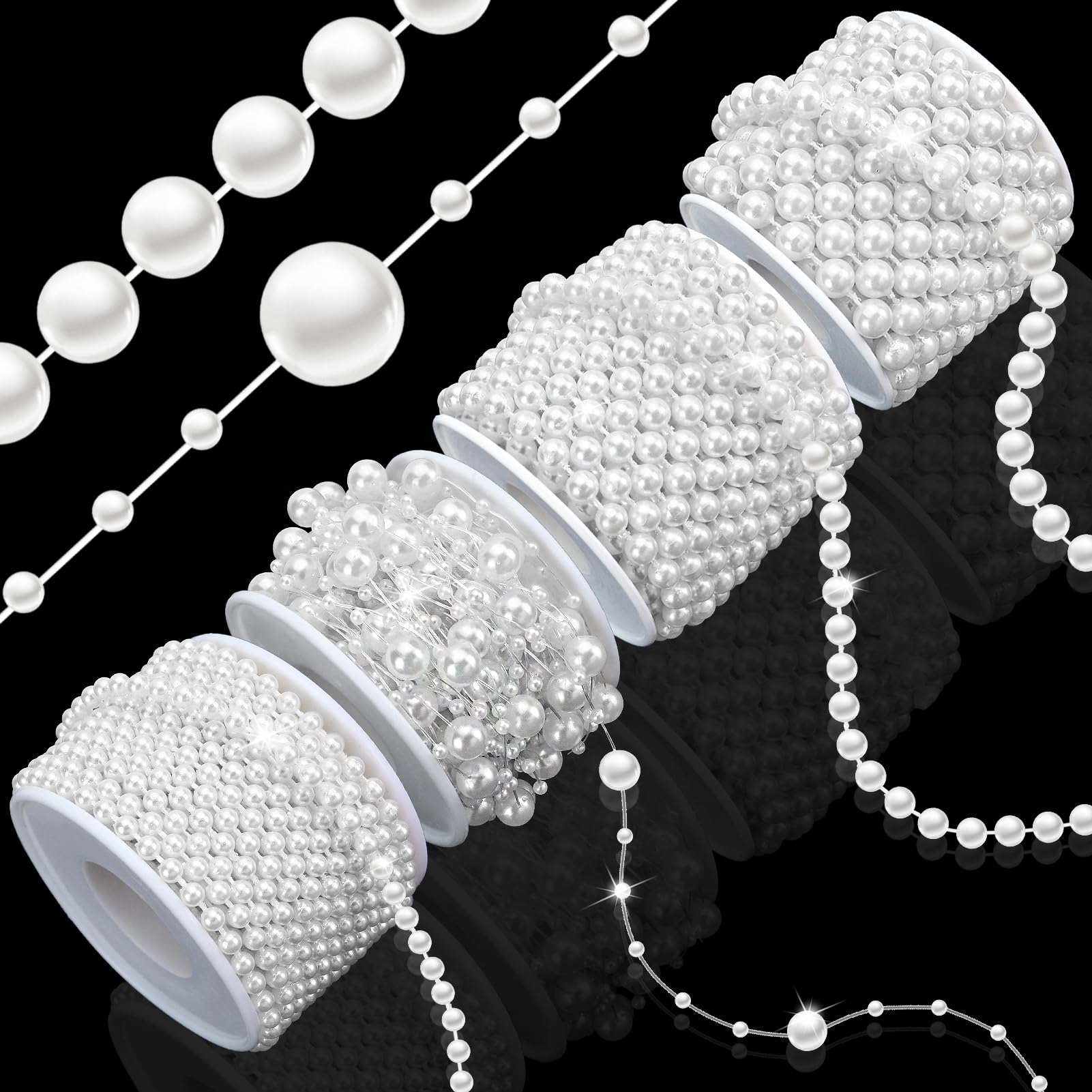 Towenm 4 Rolls 76 Feet Pearls Garland, Faux Pearl Beads Roll Strand, 4mm 6mm 8mm Artificial Pearls Chain Trim, 3-8mm Fishing line Pearls Strings for