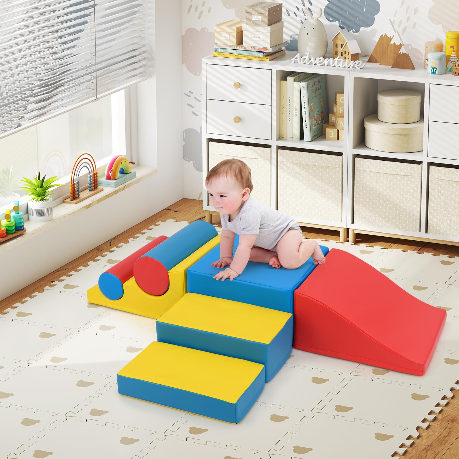 COSTWAY 7 TLG. Schaumstoffbausteine, Softbausteine zum Klettern & Toben, Riesenbausteine aus Schaumstoff, Großbausteine XXL Indoor für Kinder, Bunt
