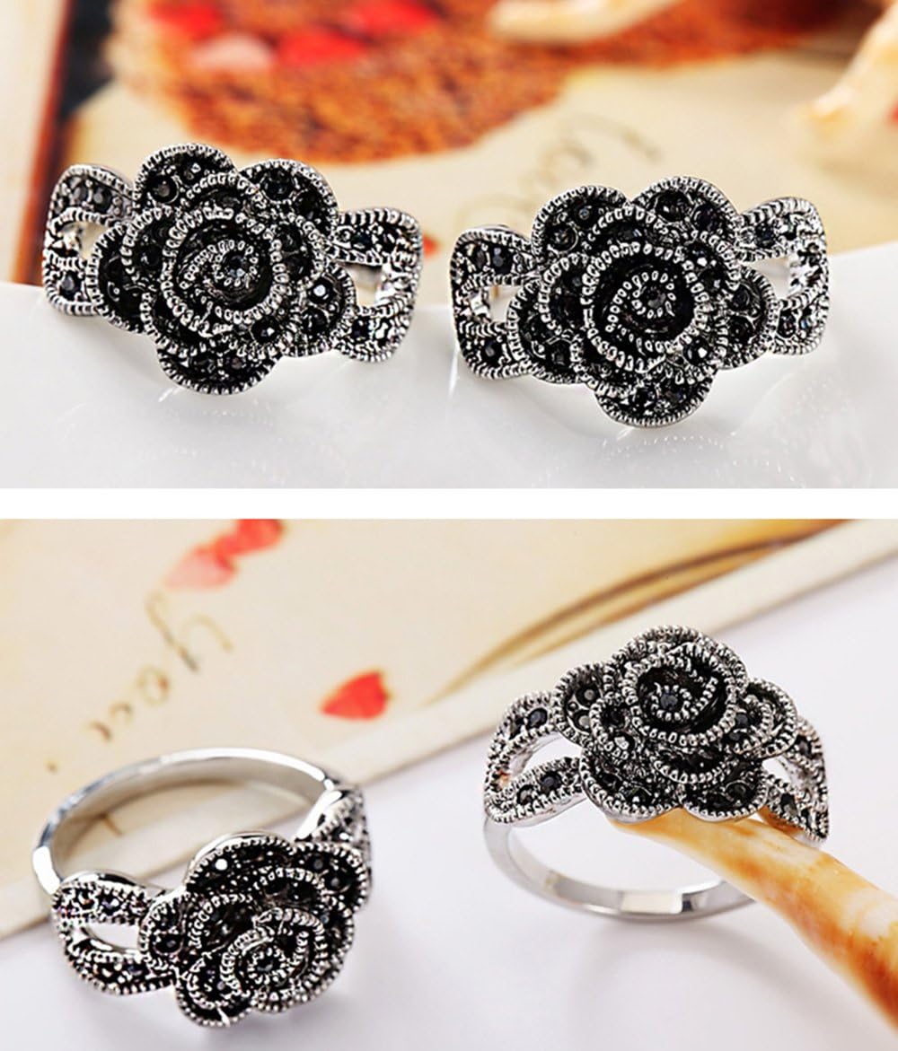 Women's Black Rings Vintage Rings Statement Rings for Women Band Marcasite Crystal Rings for Women - Image 2