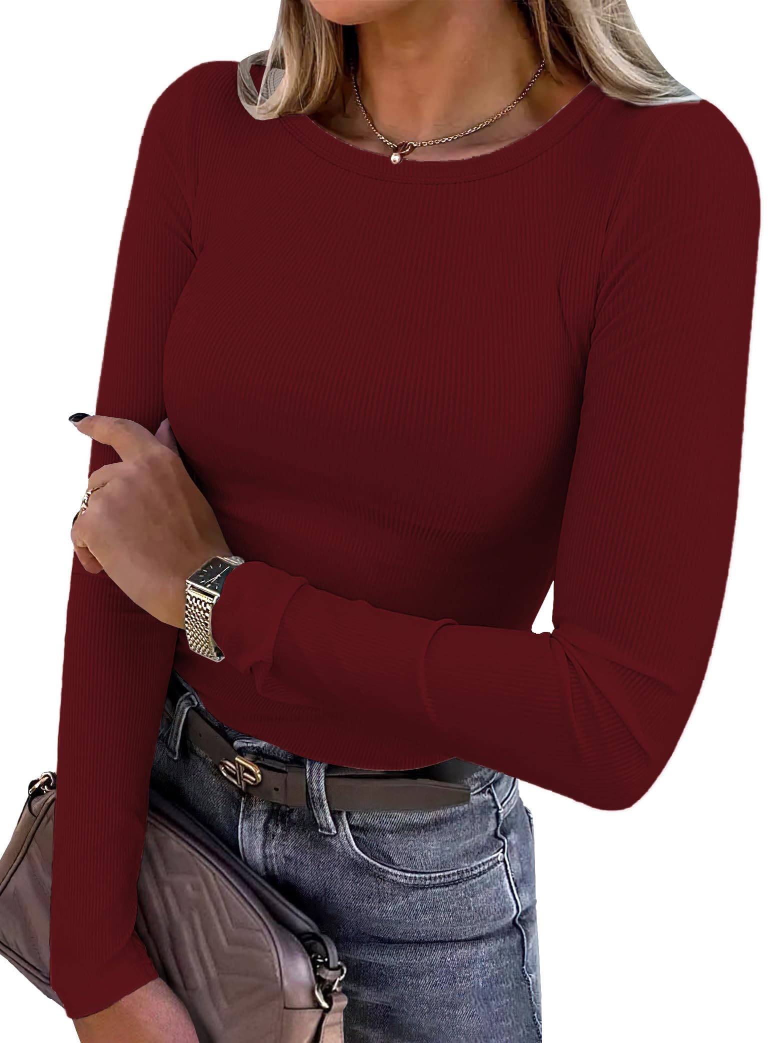 Women Long Sleeve Shirts Rib Knit Slim Fit Tops Basic Tee 2026 Fall Outfits Casual CrewneckT-Shirt Y2k Clothes
