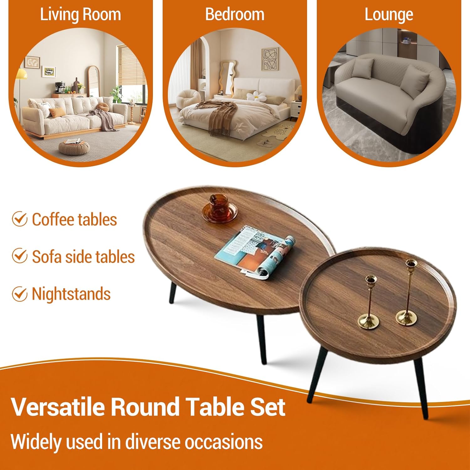 Garvee Nesting Coffee Table Set of 2, 2-Piece Walnut Coffee Tables, Mid Century Modern Nesting Side Tables for Living Room, End Table for Small Spaces Sofa Bedside Balcony Walnut