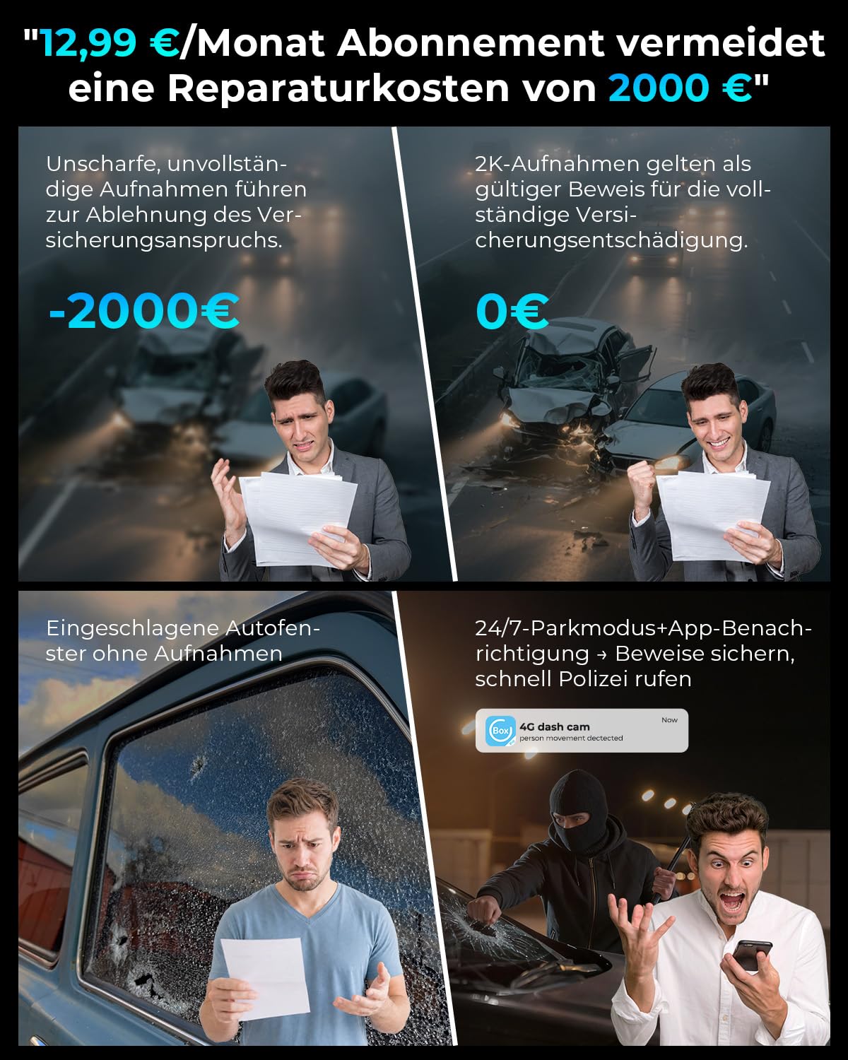 NUASI 4G LTE Dashcam Vorne Hinten 2K/1080P mit 24/7-Parkmodus