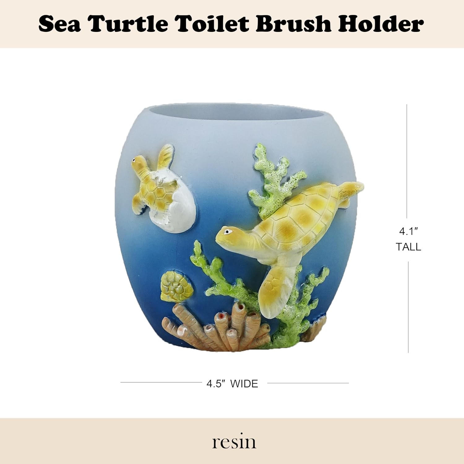 4-inch Sea Turtle Toilet Brush Holder - Mother & Baby Resin Bathroom Organizer, Ocean Blue Coastal Decor with Hygienic Lid Design