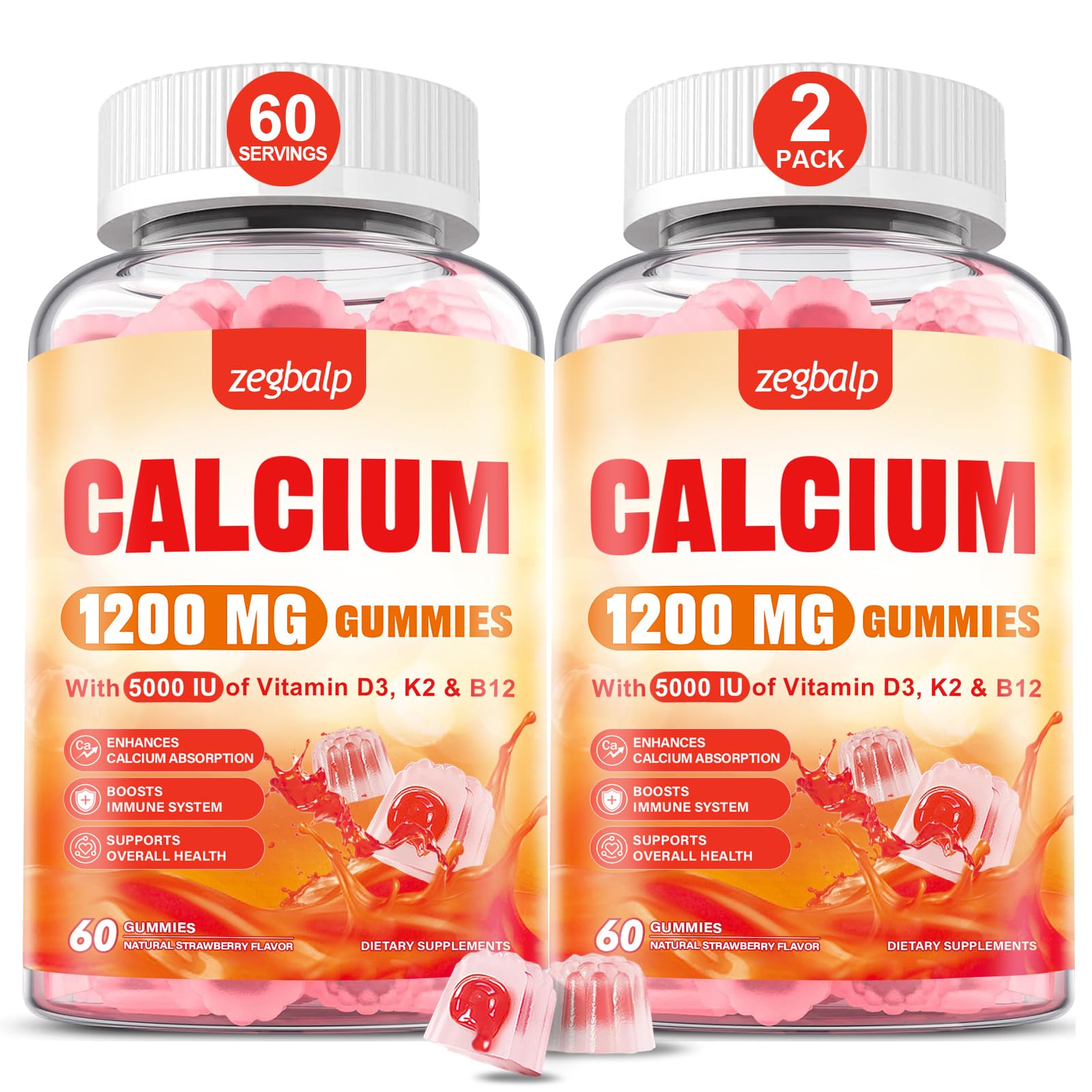 ZEGBALP Suplemento de cálcio em gomas com citrato de cálcio, vitamina D3 5000 UI, K2 e B12, pacote com 2 frascos de 60 gomas
