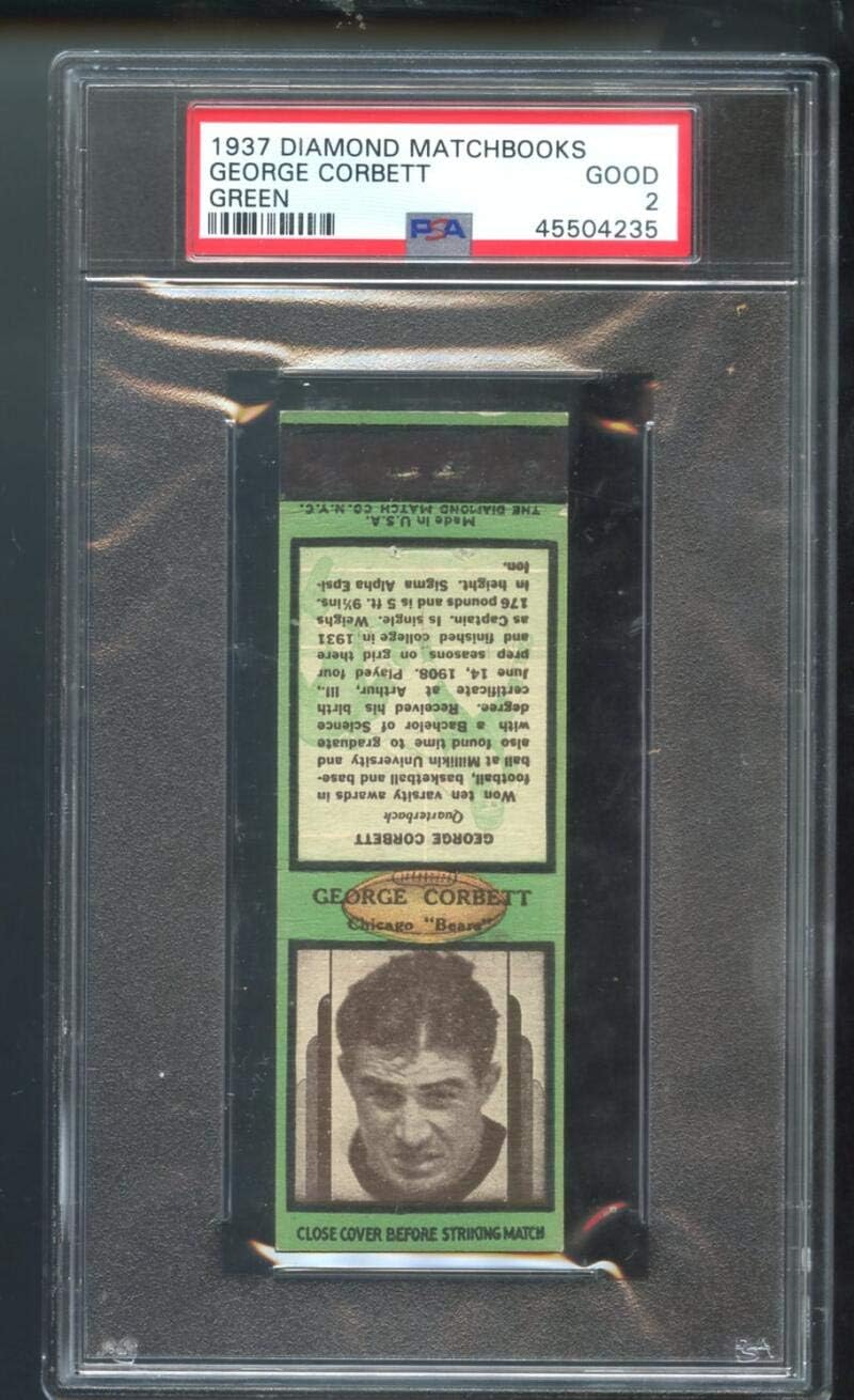 1937 Diamond Matchbooks Match Book Cover Green George Corbett Chicago Bears PSA 2 Graded Football Card