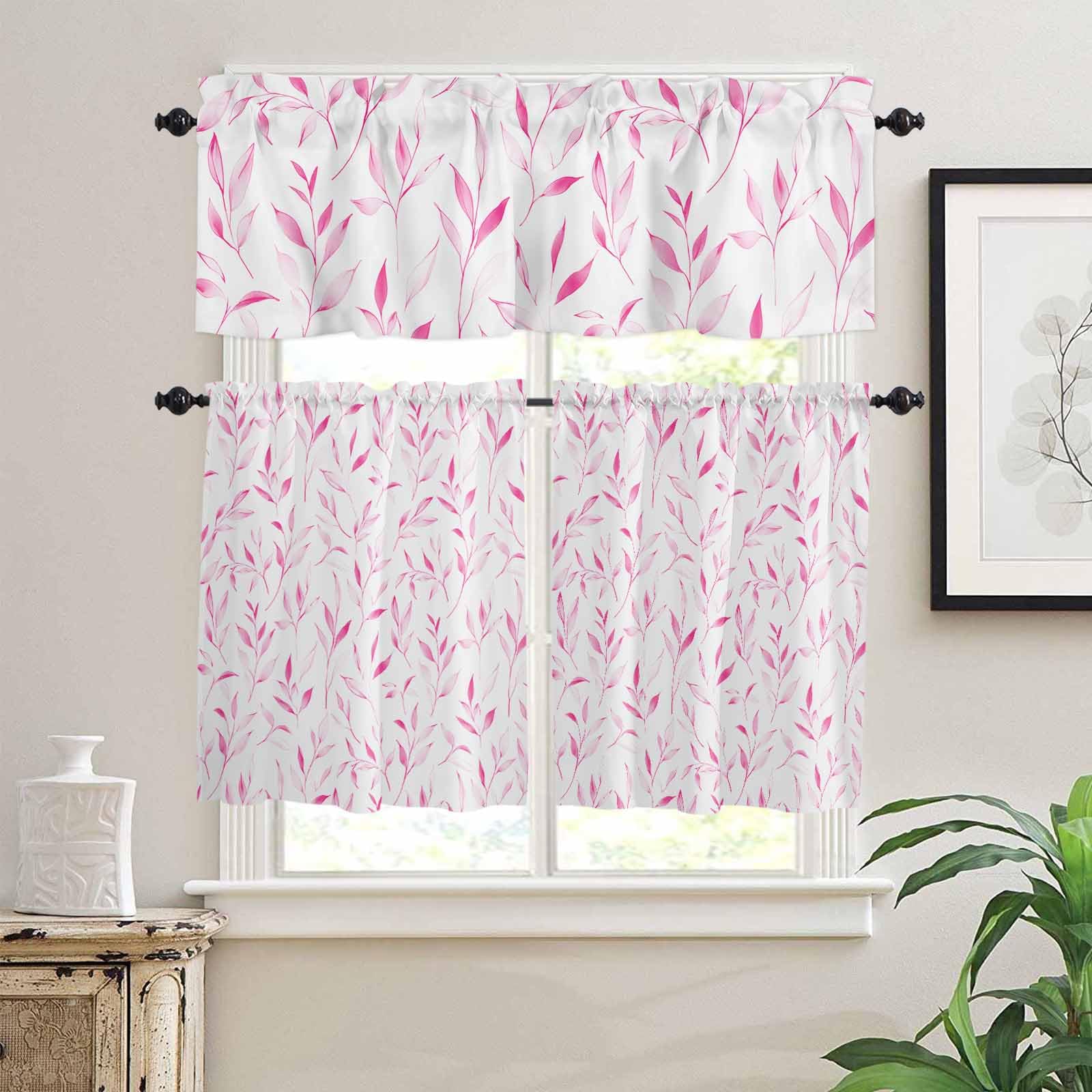Pink Leaf Kitchen Curtains 24 Inch Length,3 Piece Rod Pocket Small Half Tiers and Valance Set,Modern Botanical Foliage Plant Country Flower Small Large Window Treatment Decor for Bedroom/Bathroom