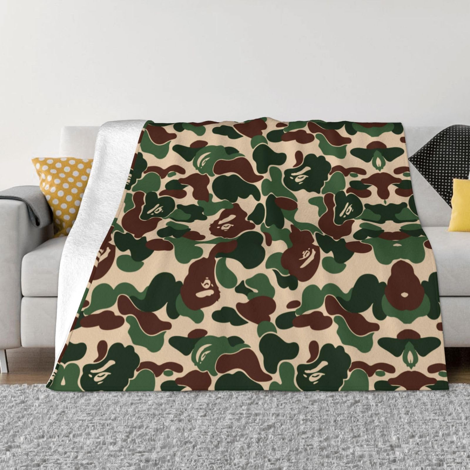 Couverture de lit plaid flanelle douce microfibre verte camouflage 101x76cm