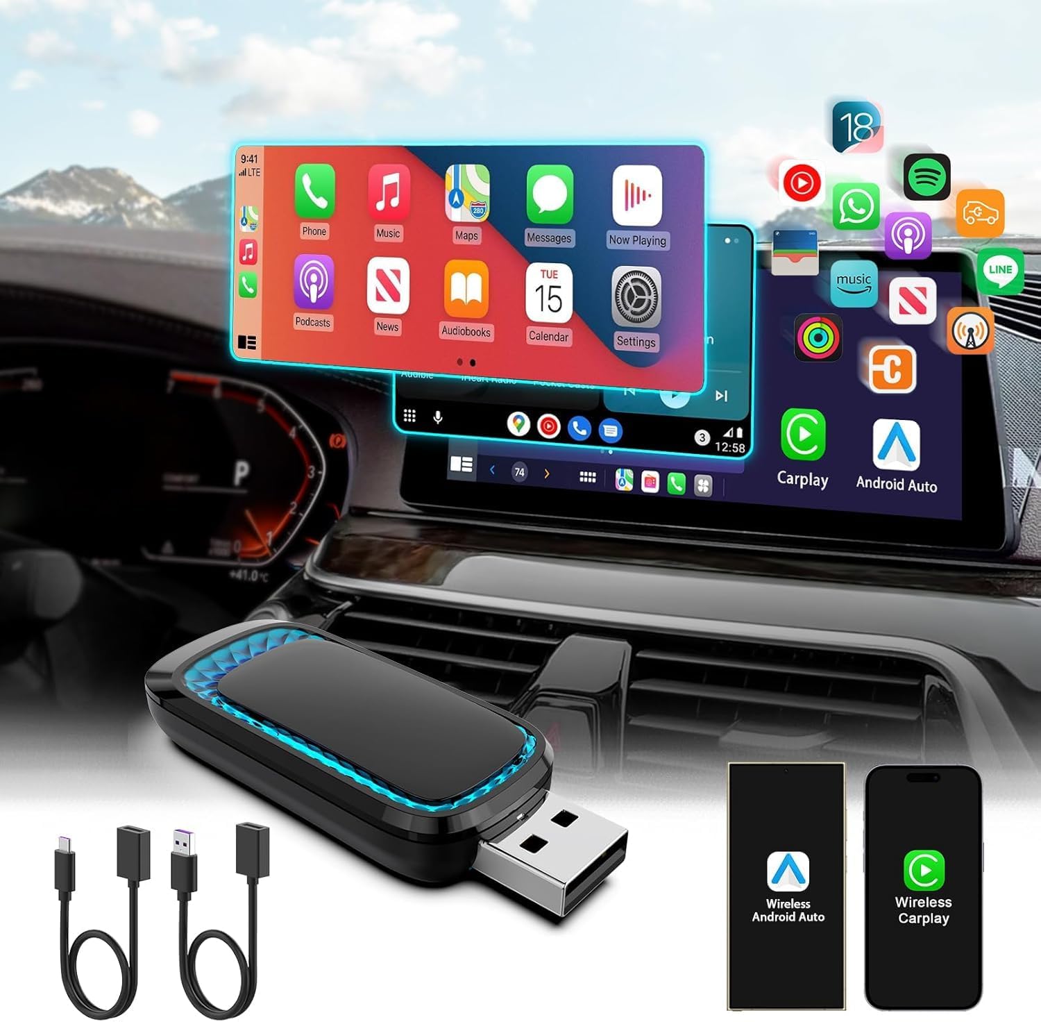 Quanlex Wireless Carplay Adapter and Android Auto Adapter UK,2025 Newest Car play Dongle with Seven-Color Ambient Light,Wireless CarPlay Dongle for iPhone iOS 10+ & Android 11+,No Delay