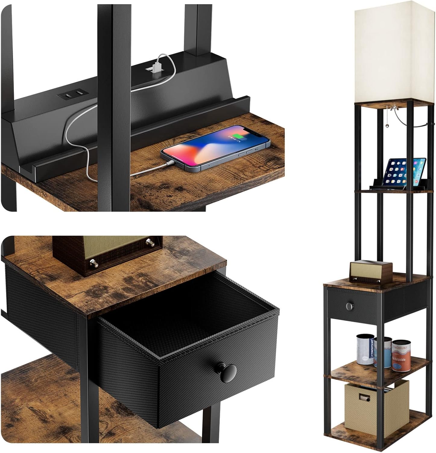 addlon Floor lamp with 2 USB, 1 Outlet and Drawer, 3 Color Temperatures LED Bulb (9W), Sofa lamp with White lampshade, Display Floor lamp with Shelves for Living Room, Bedroom and Office - Brown Brown (One Drawer)