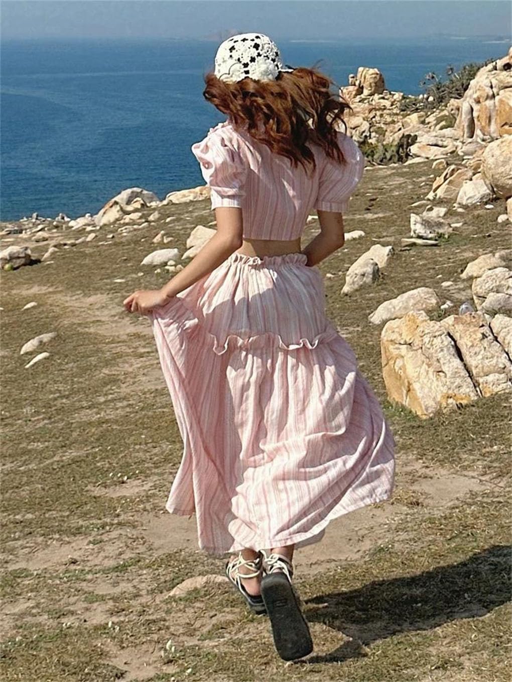 Women's Stripe Print 2-Piece Set Women Button Puff Sleeve Irregular Skirts Suit