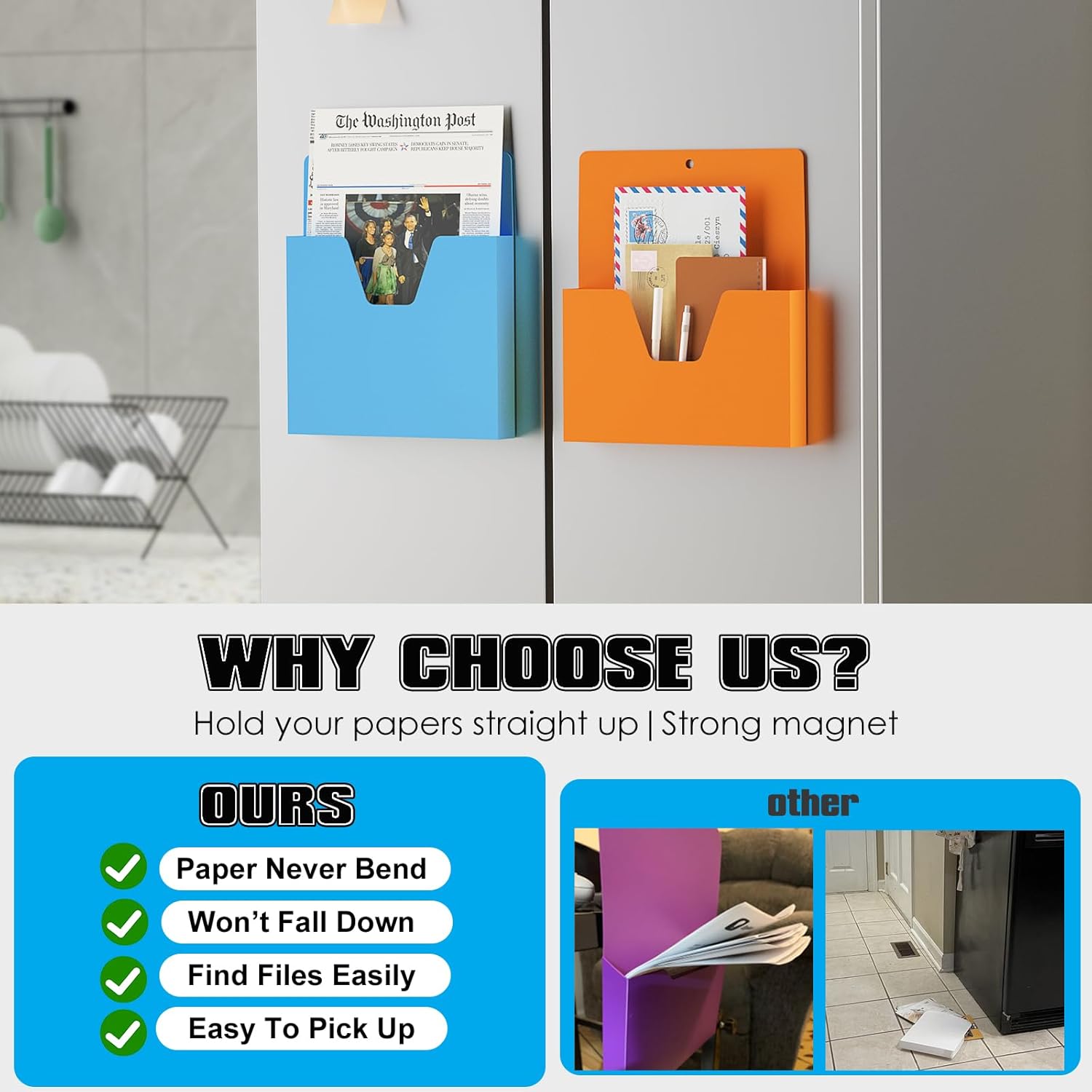 MFTEK Magnetic File Holder 6 Pockets Paper Holder, Hanging File Organizer Office Supplies Storage for Cabinets, Whiteboard, Magnetic Mail Letter Folder for Refrigerator (Classic Color-Mix)