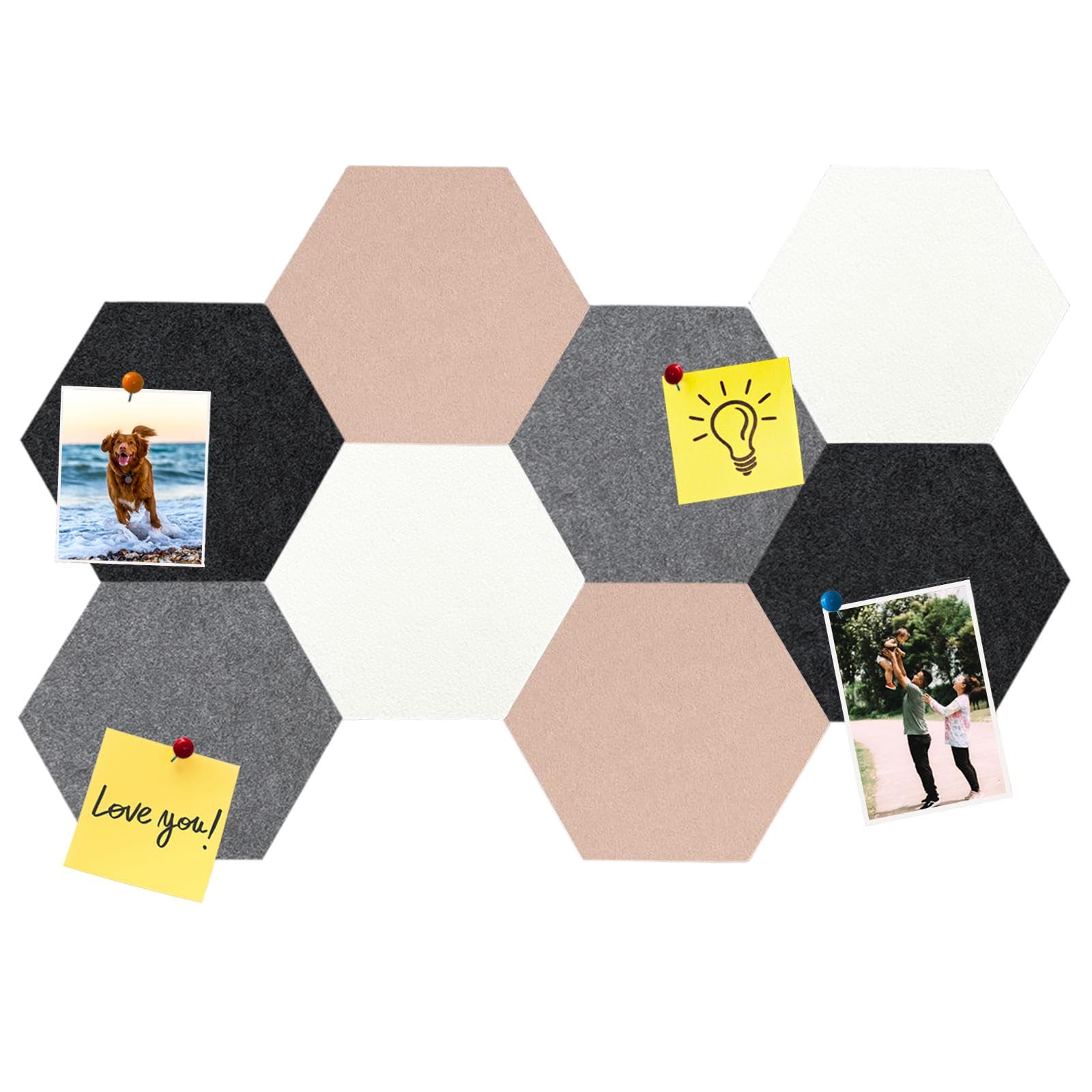 Lot de 8 dalles hexagonales en feutre et liège, autocollantes, pour tableau d'affichage, bureau, école, maison, décoration murale, autocollants, mémos, photos(Camel et Gris)