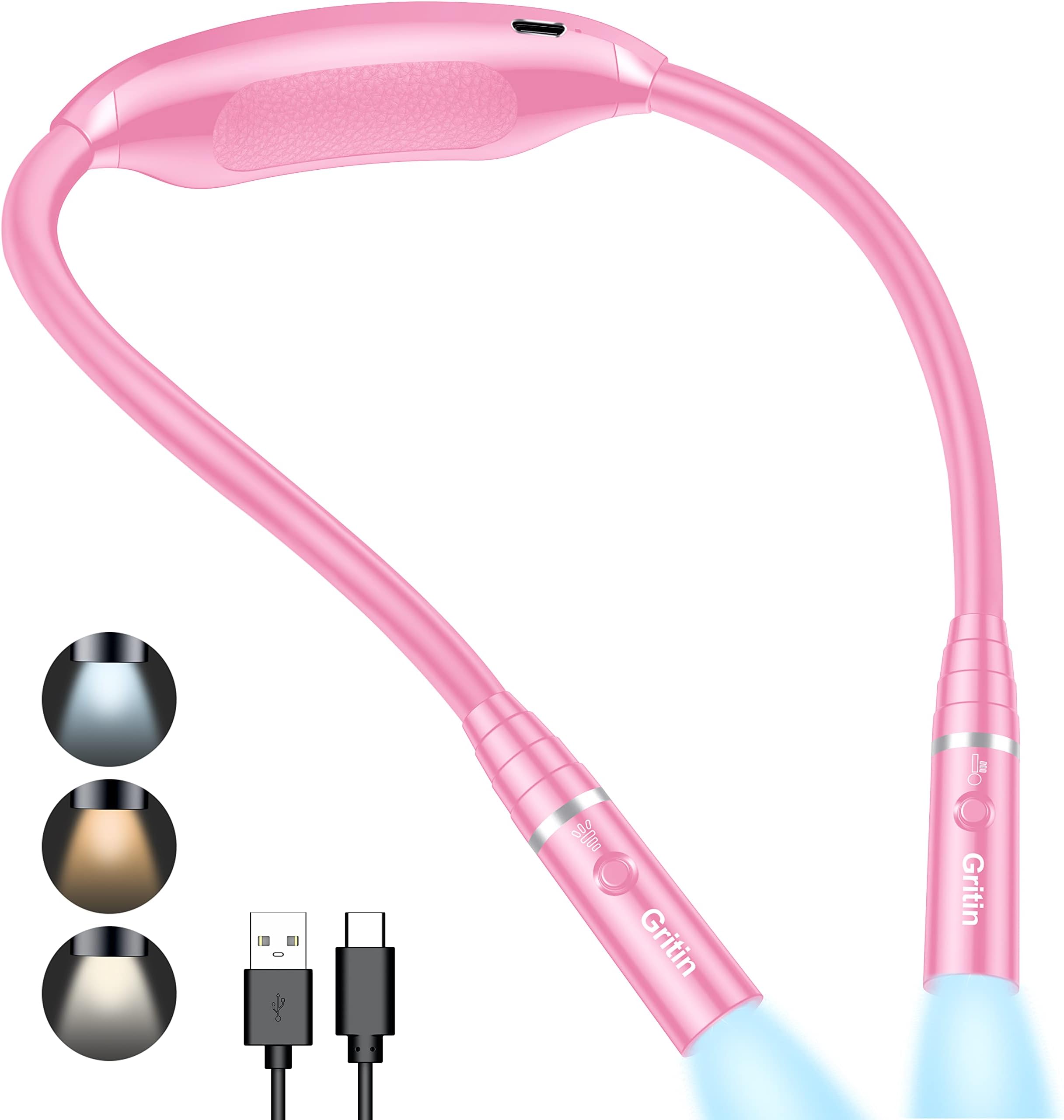 Gritin Neck Reading Light Rechargeable, Book Light Lamp for Reading in Bed, 3 Colors Eye-Protecting Modes, USB C Rechargeable, 80+ Hrs Runtime, Comfortable & Flexible Ergonomic Neck Round Design-Rose