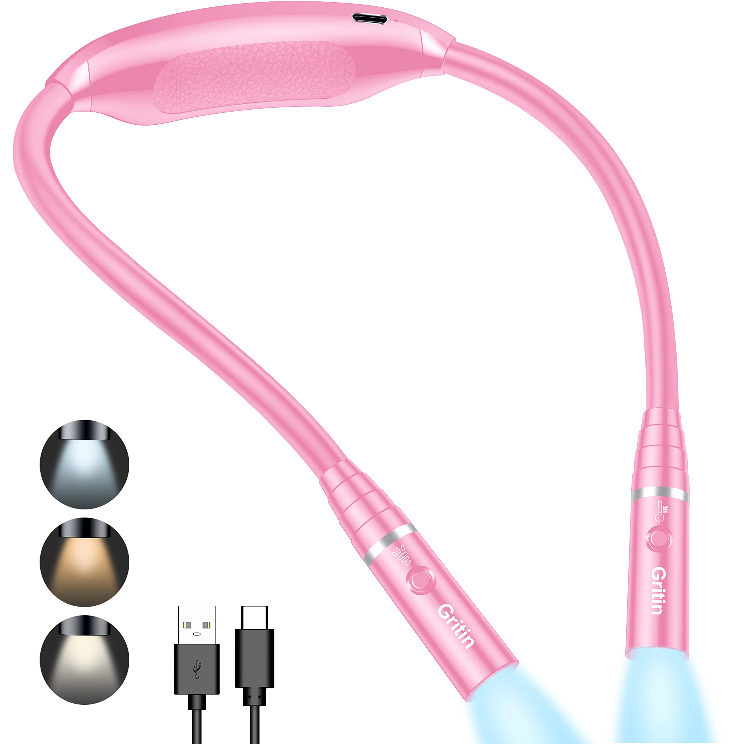 Gritin Neck Reading Light Rechargeable, Book Light Lamp for Reading in Bed, 3 Colors Eye-Protecting Modes, USB C Rechargeable, 80+ Hrs Runtime, Comfortable & Flexible Ergonomic Neck Round Design-Rose