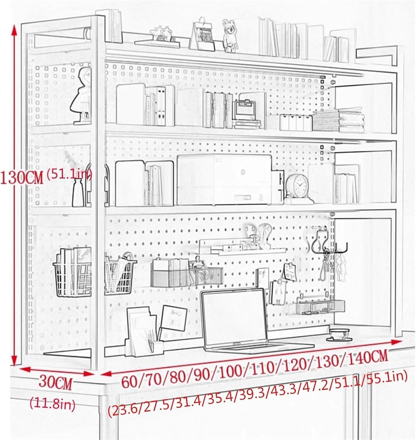 Desktop Hutch Shelf, Large Capacity Desktop Organizer, Desk Hutch for Computer Monitor Stands, Adjustable Bookshelf Organizer for Home Office(Black Three Layers,140cm/55in)