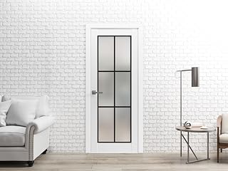 Solid French Pre-Hung Door 18 x 96 inches | Planum 2122 White Silk Frosted Glass | Single Regular Panel Frame Trims Handle | Bathroom Bedroom Sturdy Doors