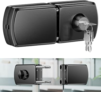 Ranbo Frameless Double-Sided Glass Door Lock,Clamp-On No-Drill,304 Stainless Steel,for 3/8"1/2" 1012mm Swing Door,for Office,Storefront,5 Keys,Brushed BlackDouble Swing Doors Floor Lock Required