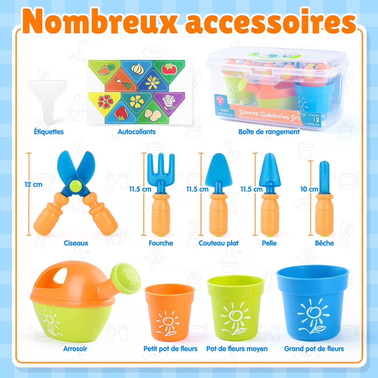Play Ensemble d'outils de Jardinage pour Enfants avec Pelle, Fourche, Ciseaux, Pot de Fleurs, arrosoir, étiquette et boîte de Rangement, kit de Jardinage pour Enfants à partir de 3 Ans