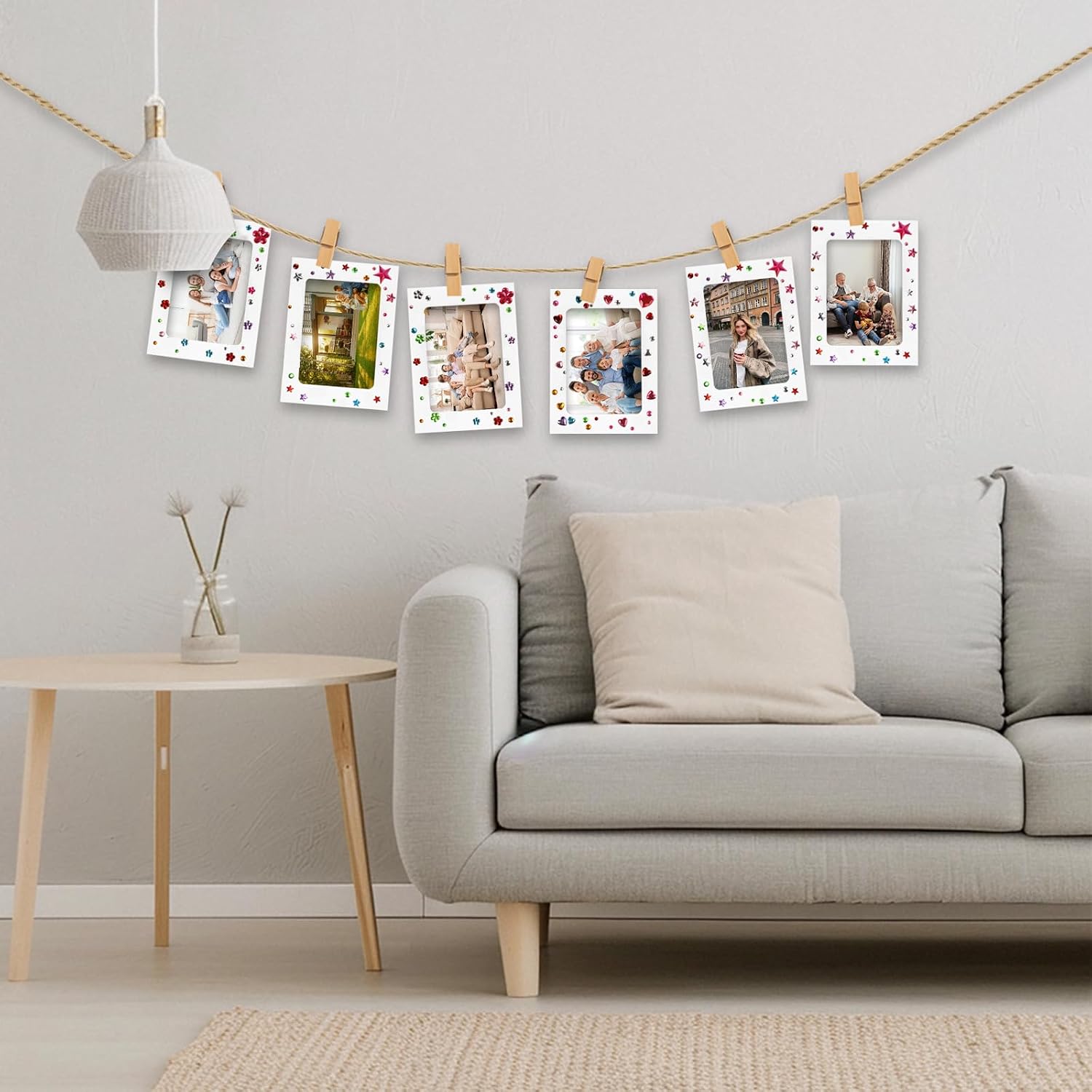 Photo Garland Photo Wall Photo Curtain: 40 Pieces DIY Photo Garland Craft Set with 40 Paper Picture Frames 40 Wooden Pegs 4 Hemp Ropes 3 Diamond Stickers for Wall Decoration Birthday