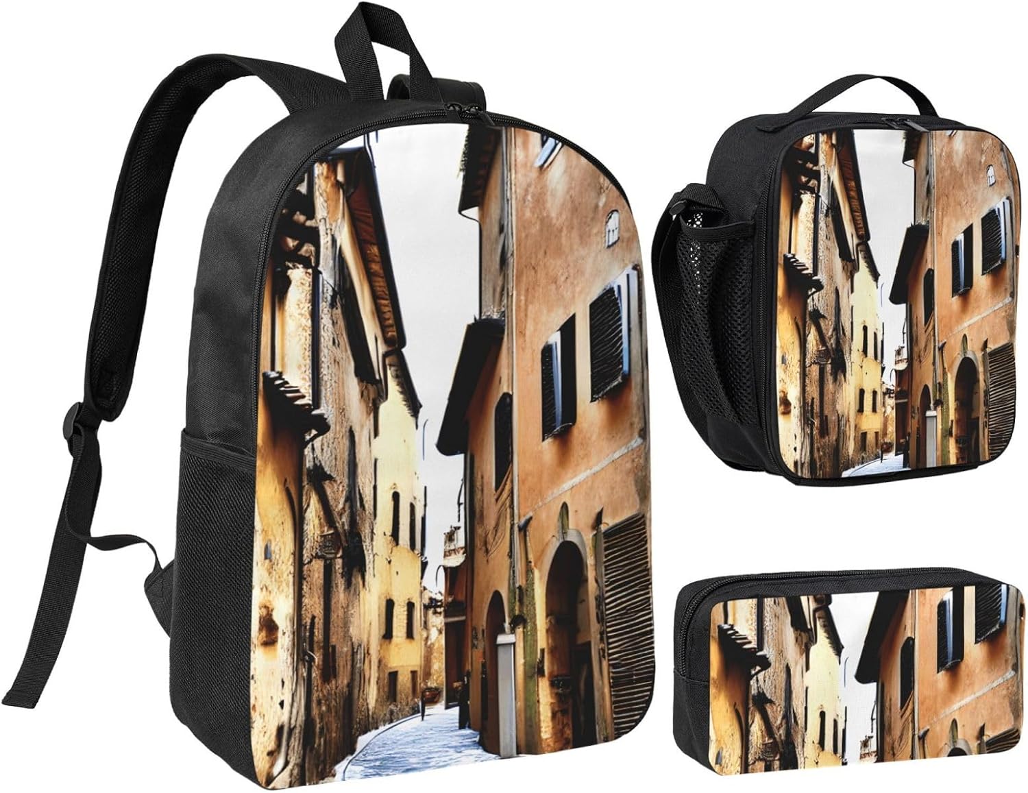 Italy Tuscan print Shoulder Bookbags Lunch Bag and Pen Case 17 inches Backpack with Lunch Box, Cute Bookbag Set