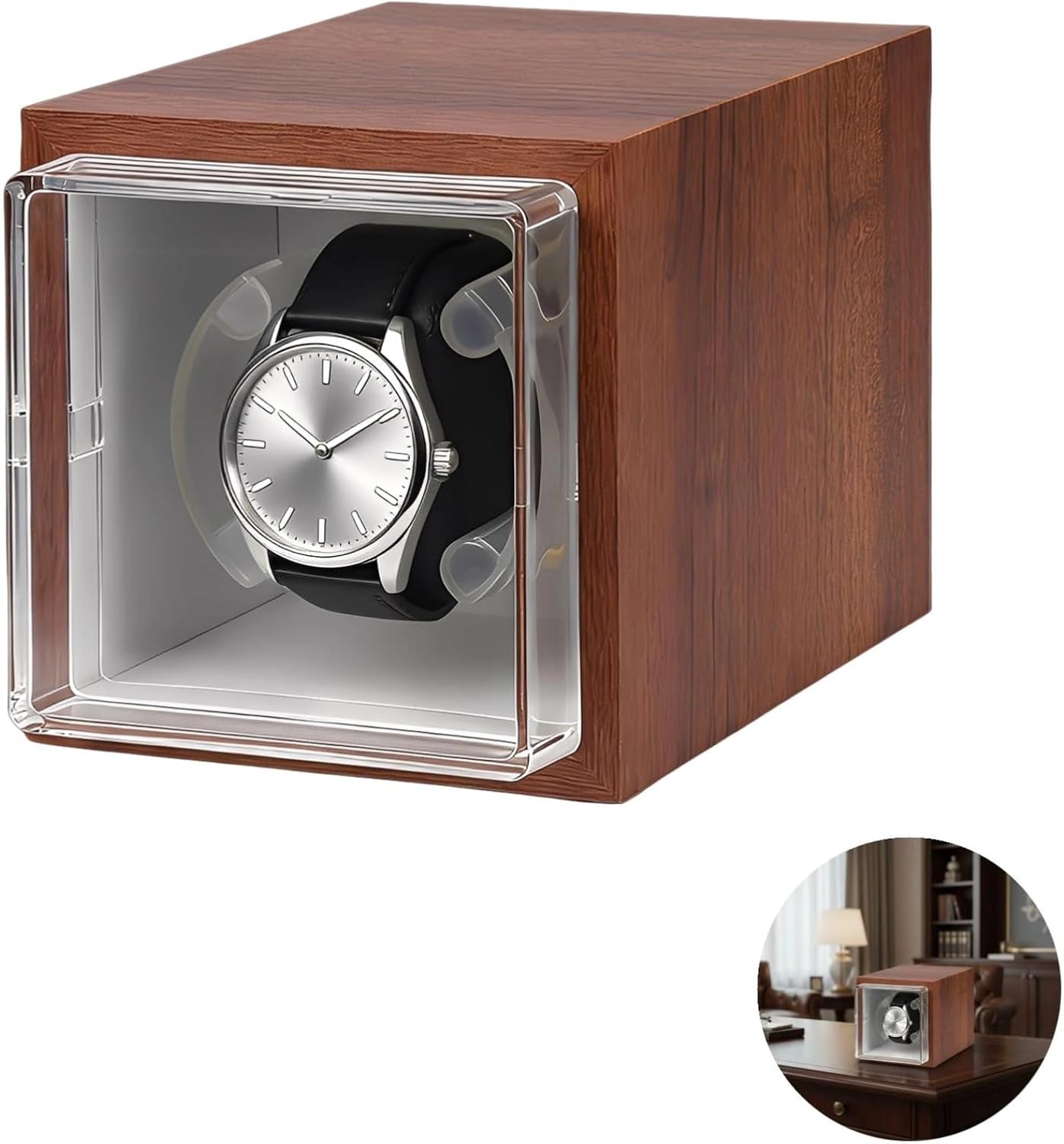 Watch Winder For Automatic Watches, Single, Quiet Motor, Anti-Magnetization, Walnut Wood Grain, Led Light, Clear Window, Compact 20 X 15 X 15 Cm