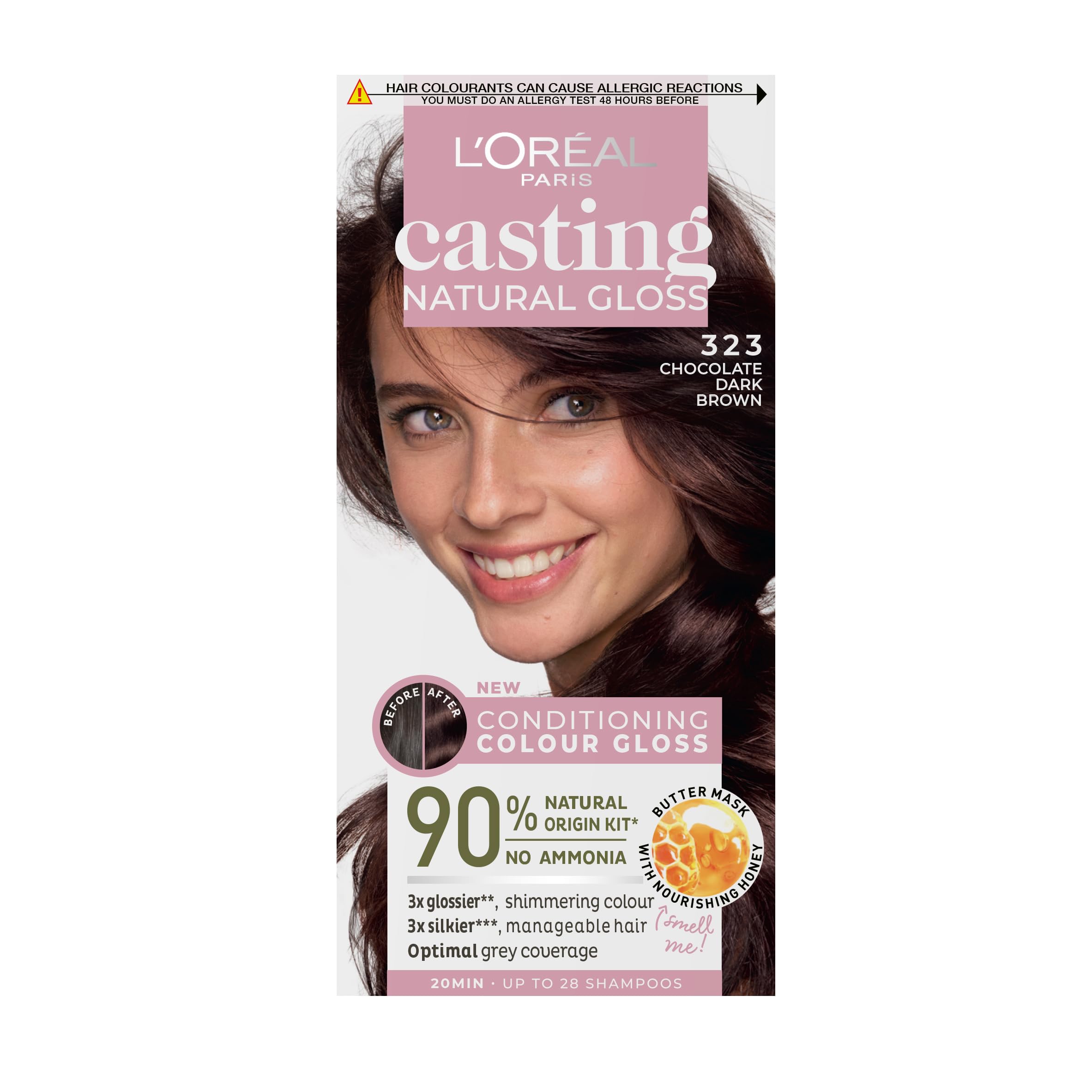 Casting Natural Gloss 3.23 Brown Chocolate: A no-ammonia, glossy hair colour lasting 32 washes. Up to 3x glossier, 4x silkier, healthier hair with a luscious Brown Chocolate.