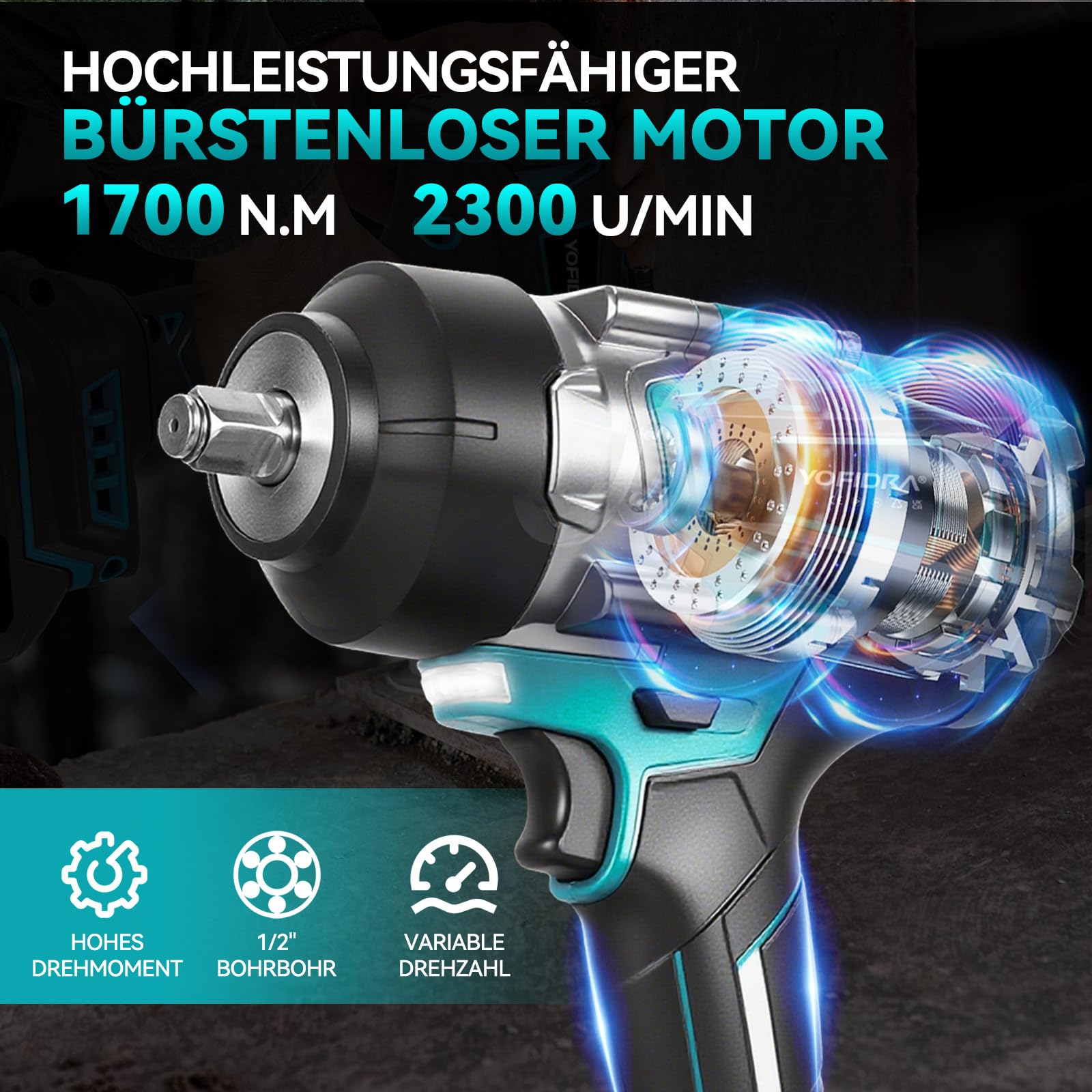 Yofidra Bezprzewodowy Klucz Udarowy 1700Nm | 1/2" Bezszczotkowy | 2x3.0Ah Akumulator | 3 Biegi | Światło LED | 4 Nasadki | Elektryczny Pistolet do Samochodów i Naprawy Ciężkich Maszyn