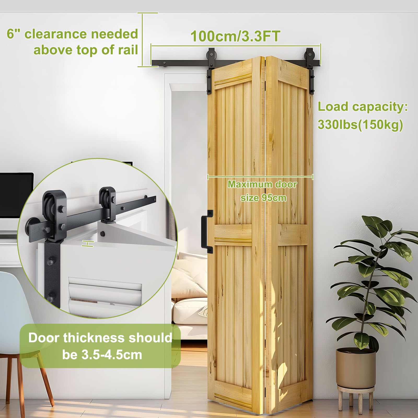 DBREAKS 3.3FT/1M Bi-Folding Binario per Porta Scorrevole Kit, Nero e Rustico Kit Accessori, Kit ferramenta per porte scorrevoli Per porte con larghezza massima fino a 80 cm