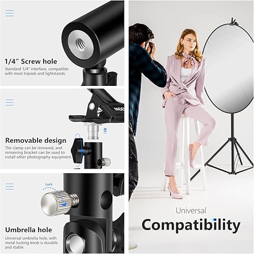 Miniatura 5 de NEEWER Soporte de abrazadera de metal resistente para estudio fotográfico con accesorio de soporte de luz de 5/8 pulgadas para reflector